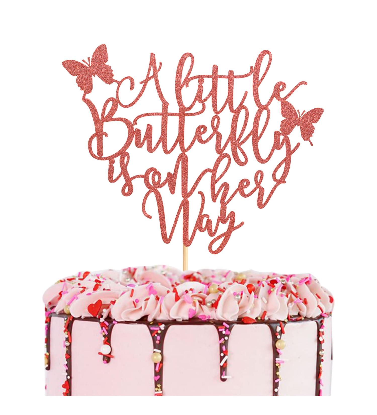 Arthsdite A Little Butterfly Is On Her Way Cake Topper - Pregnancy Announcement Gender Reveal Baby Shower Newborn Welcome Butterfly Themed Party Decorations - Rose Gold Glitter - Buy Online on SooperMarket.com