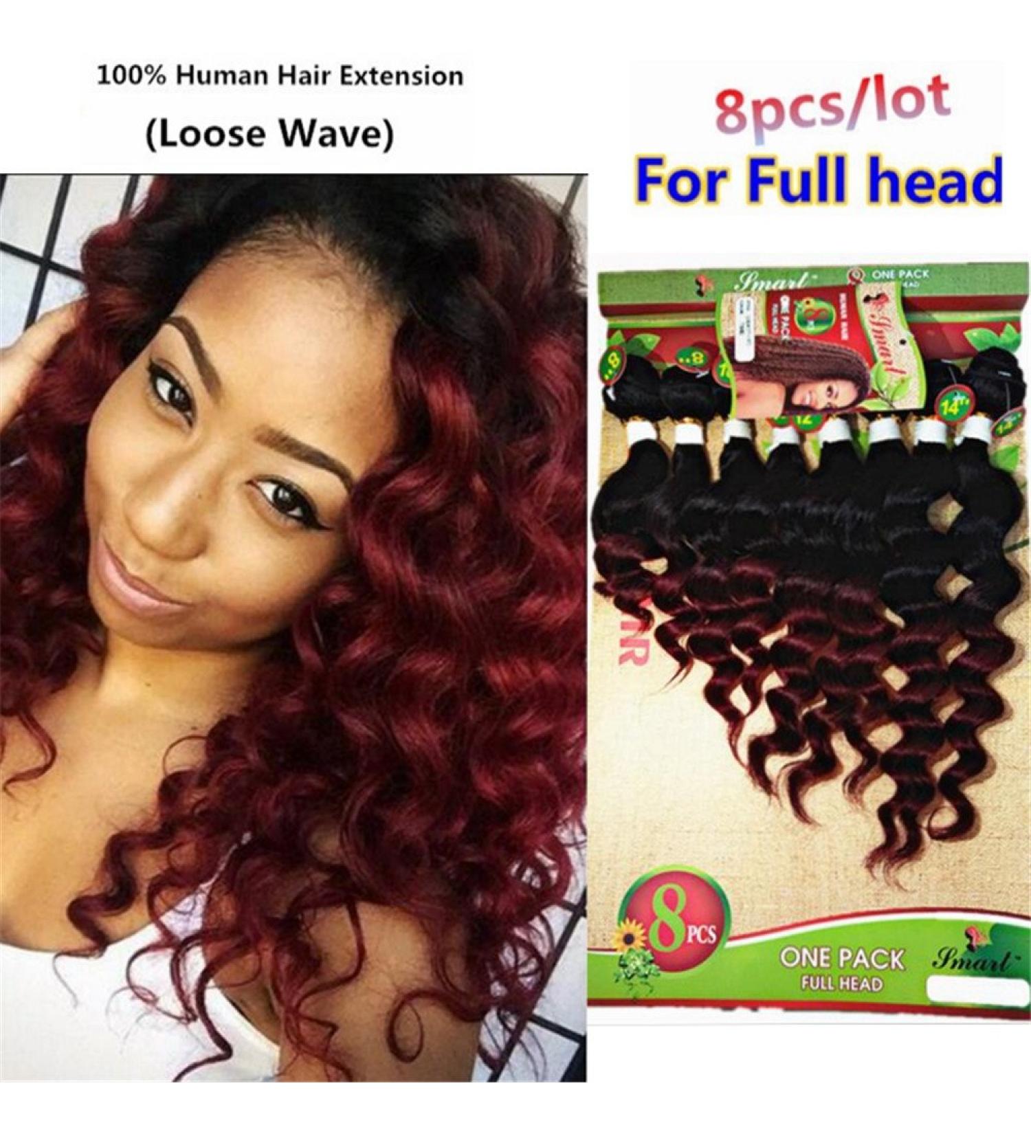 Loose Wave Hair Extensions - 8 Bundle Brazilian Human Hair Ombre Burgundy (8 10 12 14 Inch) - Buy Online on SooperMarket.com