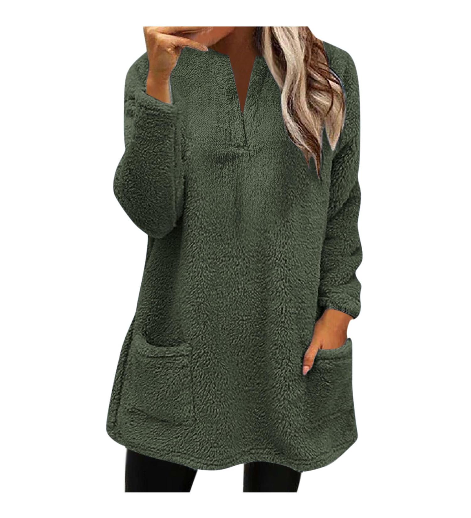 AMhomely Women's Plus Size Double Fleece Hooded Jumper - Army Green, Size M | Soft & Cozy Winter Casual Hoodie with V-Neck, Pocket, and Pullover Design - Buy Online on SooperMarket.com