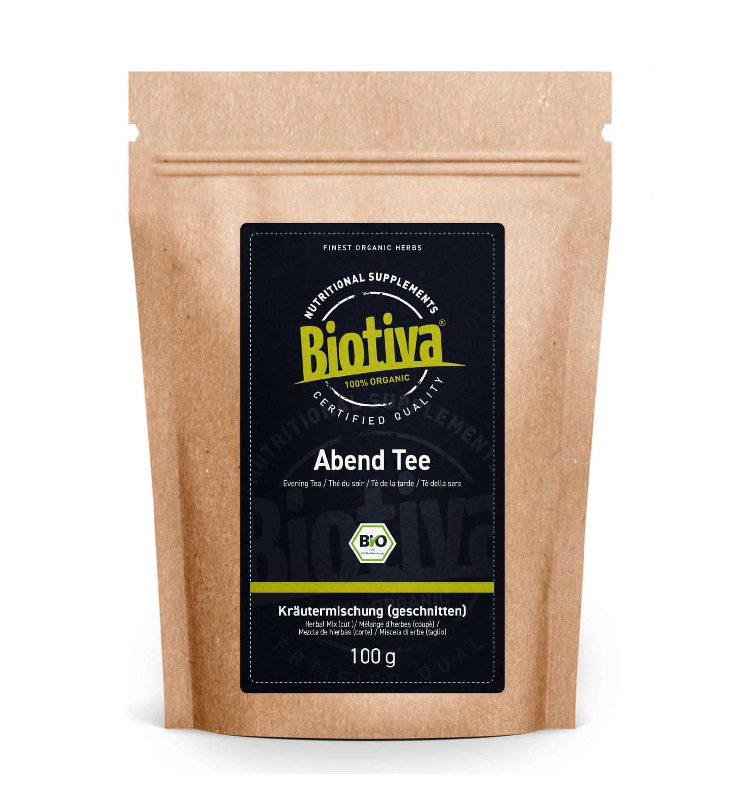 Biotiva Evening Tea Organic 100g - Cut - Herbal Tea - Lemon Balm BlackBerry Leaves Lemongrass Chamomile Valerian Root hop Blossoms coneflower Blossoms and Rose Blossoms - Buy Online on SooperMarket.com