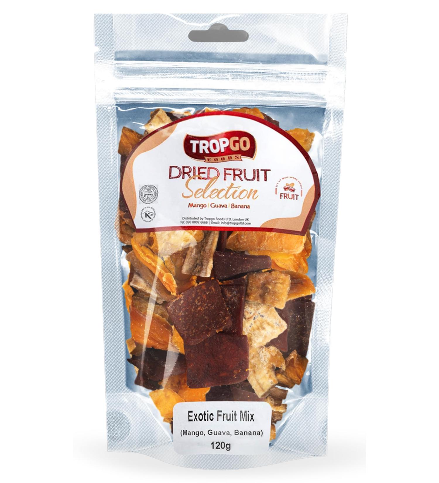 Tropgo Dried Fruit Selection 120g - Exotic Fruit Mix - Mixed Dried Fruit in Pouch - Healthy Snacks for Adults and Kids - Mango Guava Banana - Buy Online on SooperMarket.com