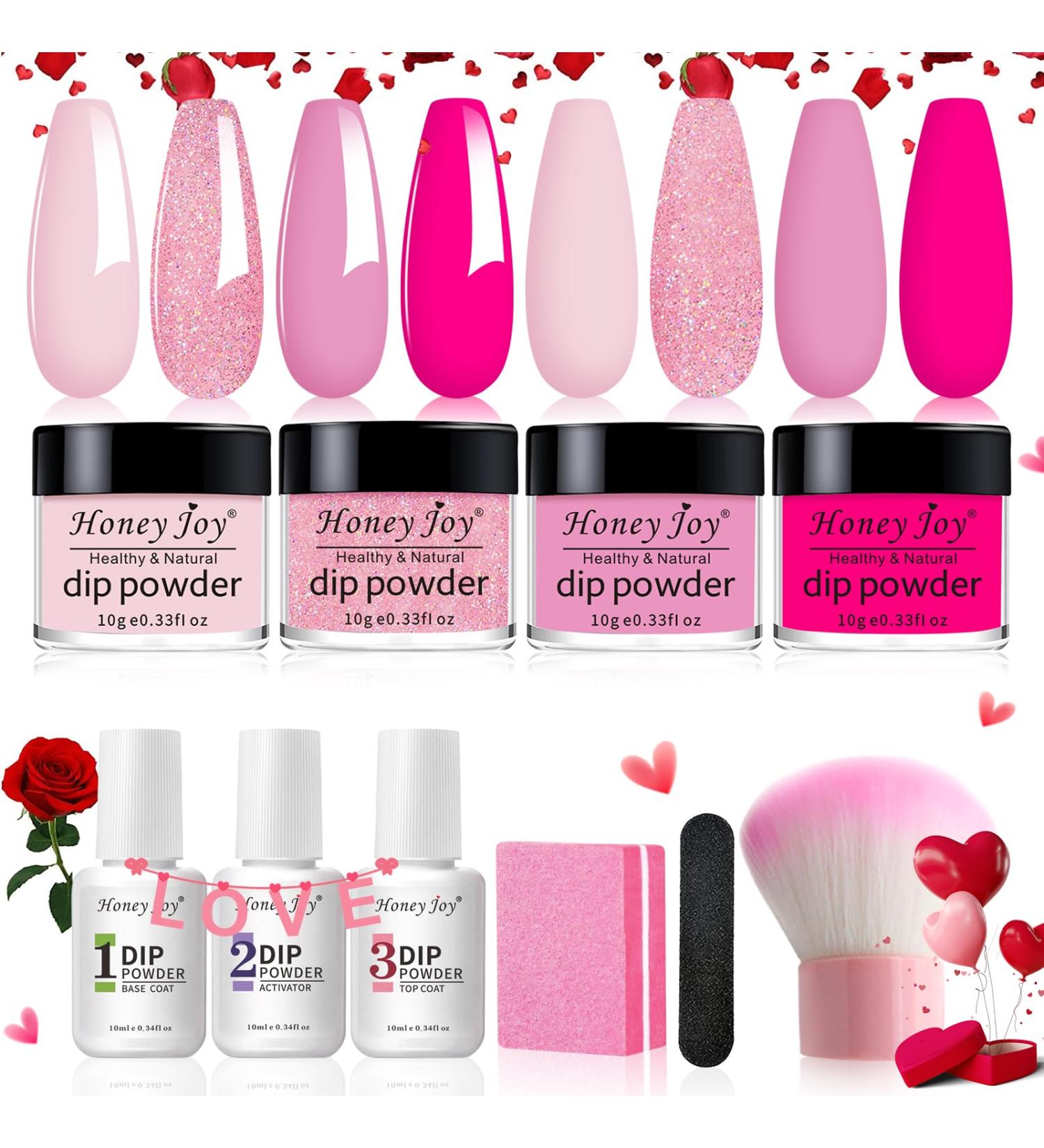 Honey Joy Dip Powder Nail Kit Starter Set - 4 Colors Hot Pink Glitter Dipping Powder Liquid with Base Top Coat Activator - Nail Art Manicure Salon DIY - No LED Lamp Needed - Dip-7pcs-01 - Buy Online on SooperMarket.com