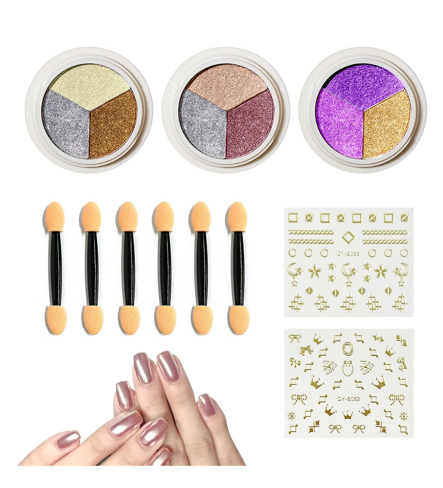 3Pcs Titanium Powder Nail Art Set - Glitter Mirror Effect + 6 Eyeshadow Sticks - International Shipping Available - Buy Online on SooperMarket.com