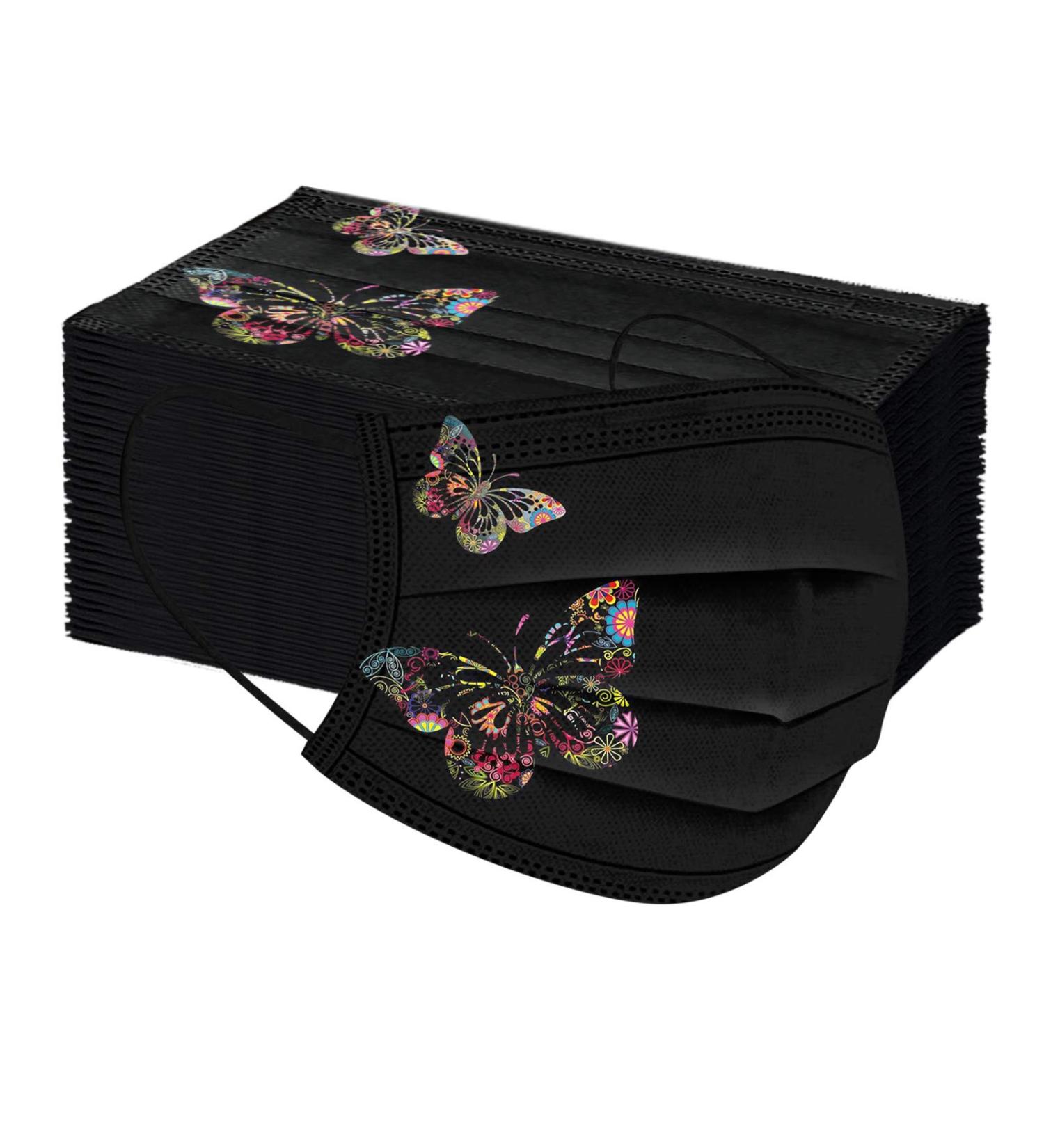 50Pcs Butterfly Printed Black Disposable Face Masks for Adults | 3-Ply Protection with Elastic Earloop and Nose Clip | Comfortable, High Filtration & Ventilation - Buy Online on SooperMarket.com