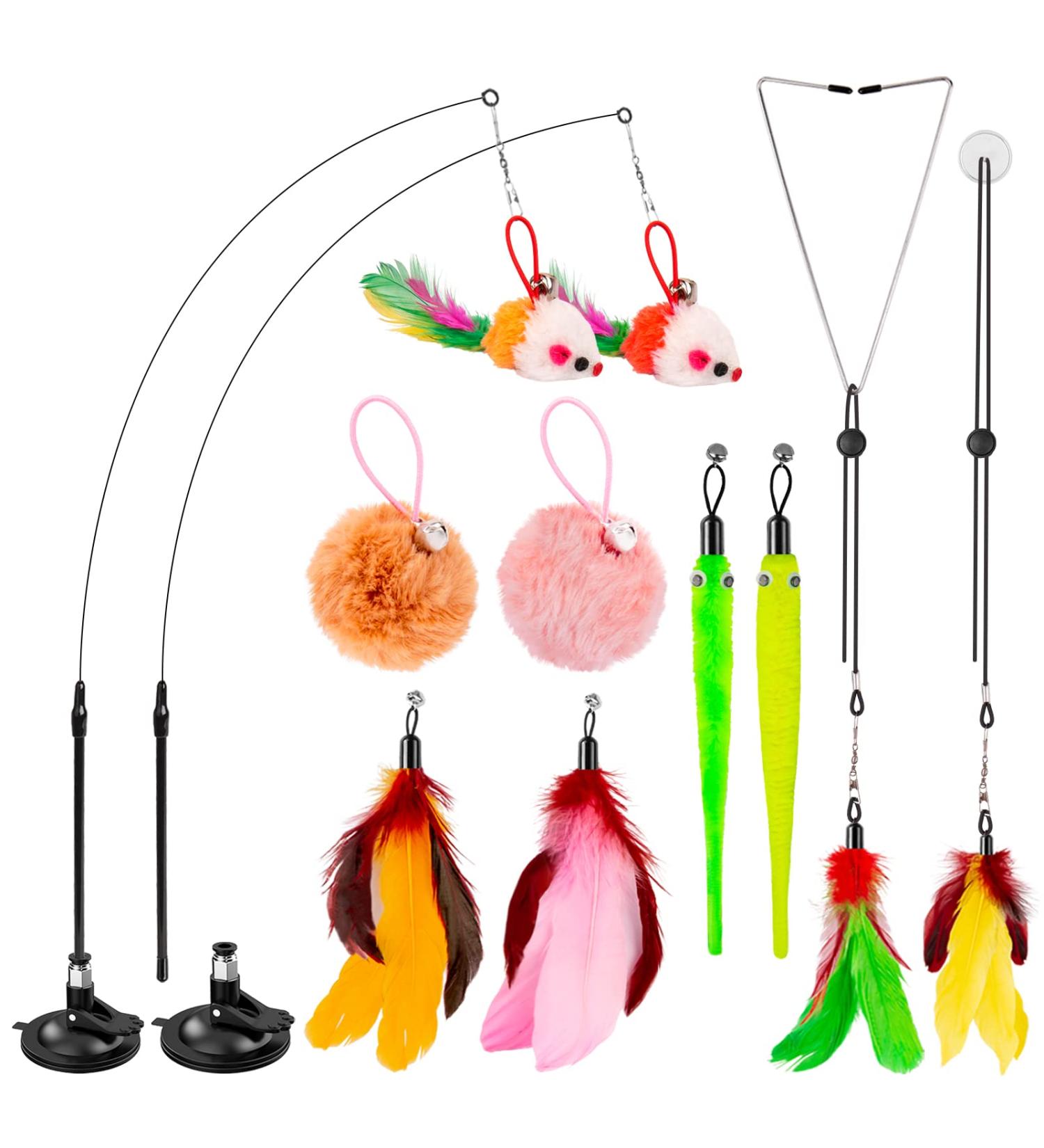 HOSFROLL Cat Toy Wand with Super Suction Cup & 12 Feather Replacements - Interactive Spring Feather Toys for Indoor Cats and Kittens - Buy Online on SooperMarket.com