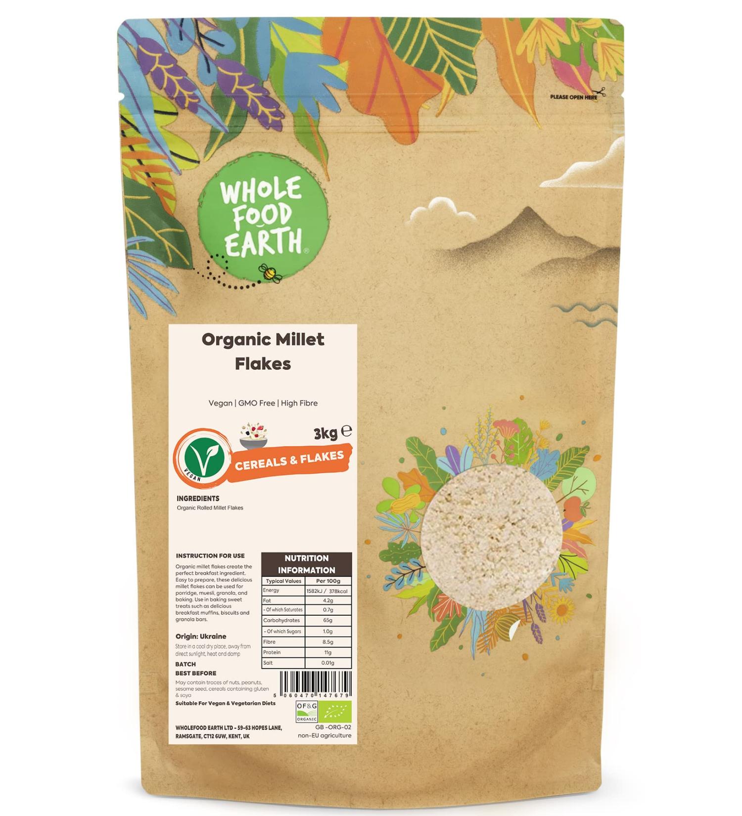 Organic Millet Flakes 3 kg | Vegan | GMO Free | High Fibre | Certified Organic - Wholefood Earth - Buy Online on SooperMarket.com