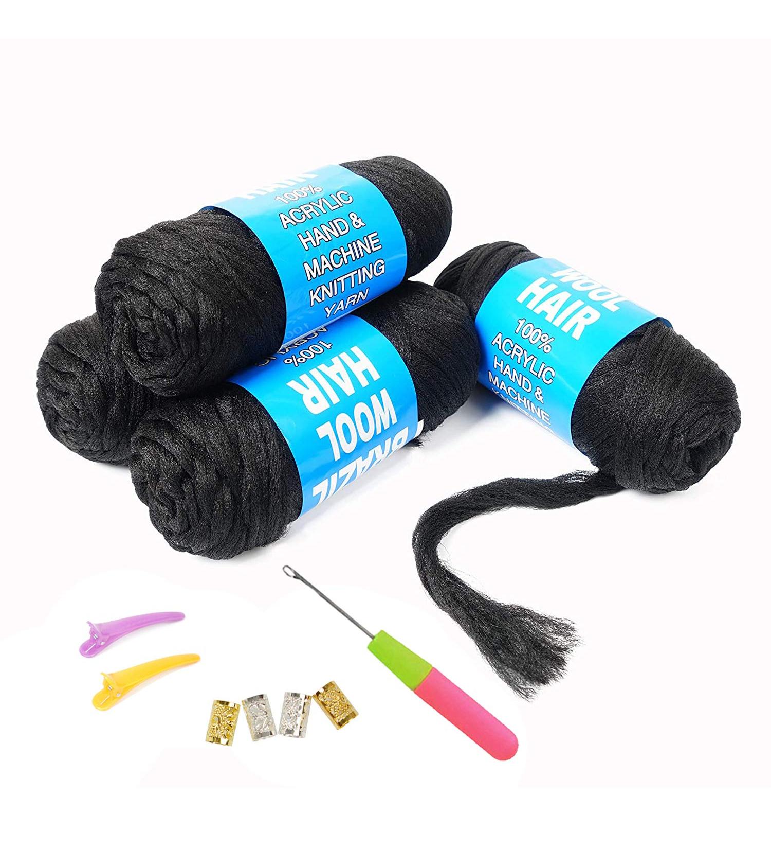 100% Brazilian Wool Hair Acrylic Yarn for African Braids/Senegalese Twist/Faux Locs/Wraps - Natural Black (4pcs) with Crochet Hook - Buy Online on SooperMarket.com