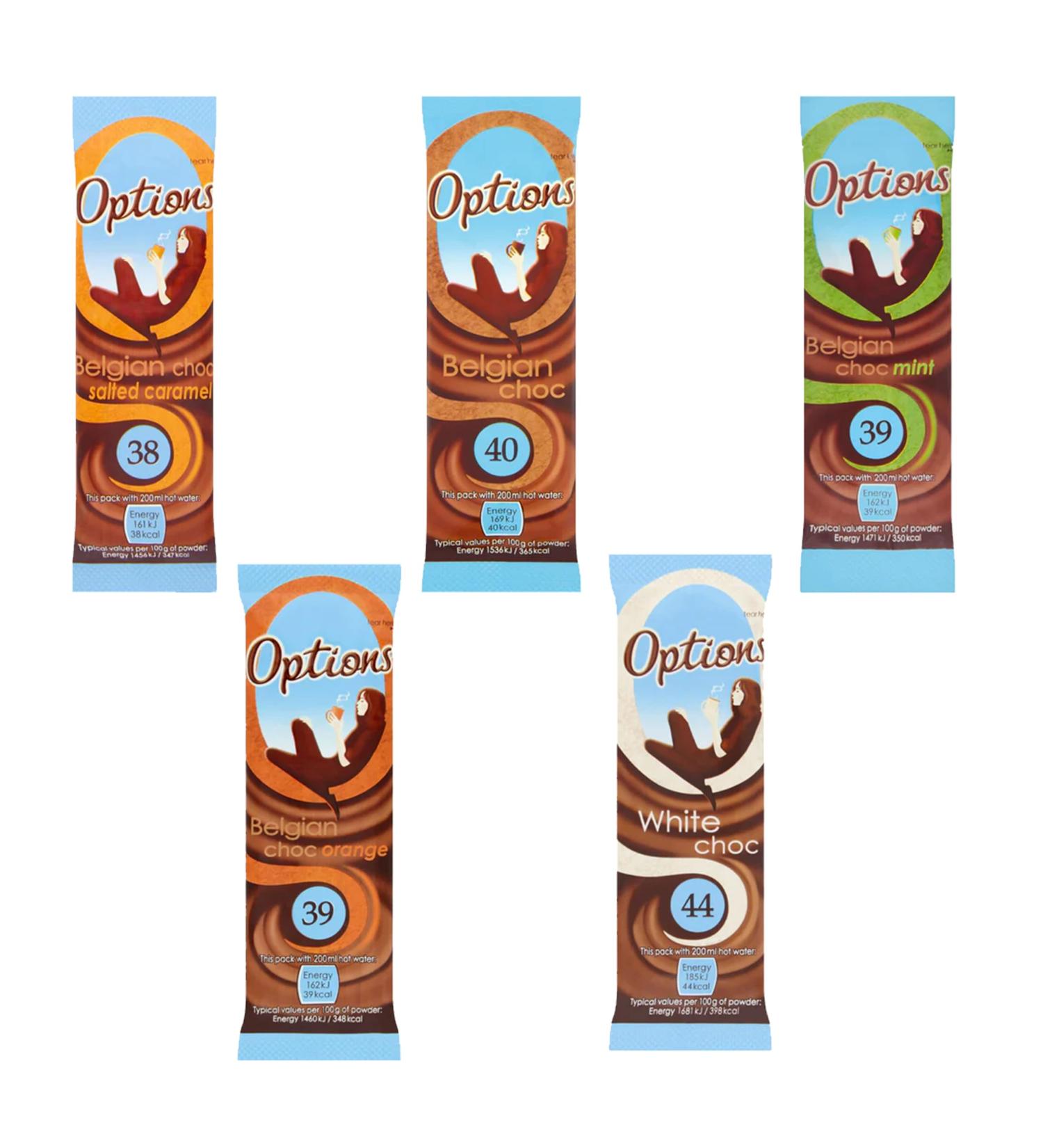 Options Hot Chocolate Pick N Mix - Create Custom Chocolate Combo with 4+ Flavours | Belgian Choc Orange Salted Caramel White Chocolate | 50 Sachet Perfect Chocolate Gift Set for Chocolate Lovers Pack of 50 - Buy Online on SooperMarket.com