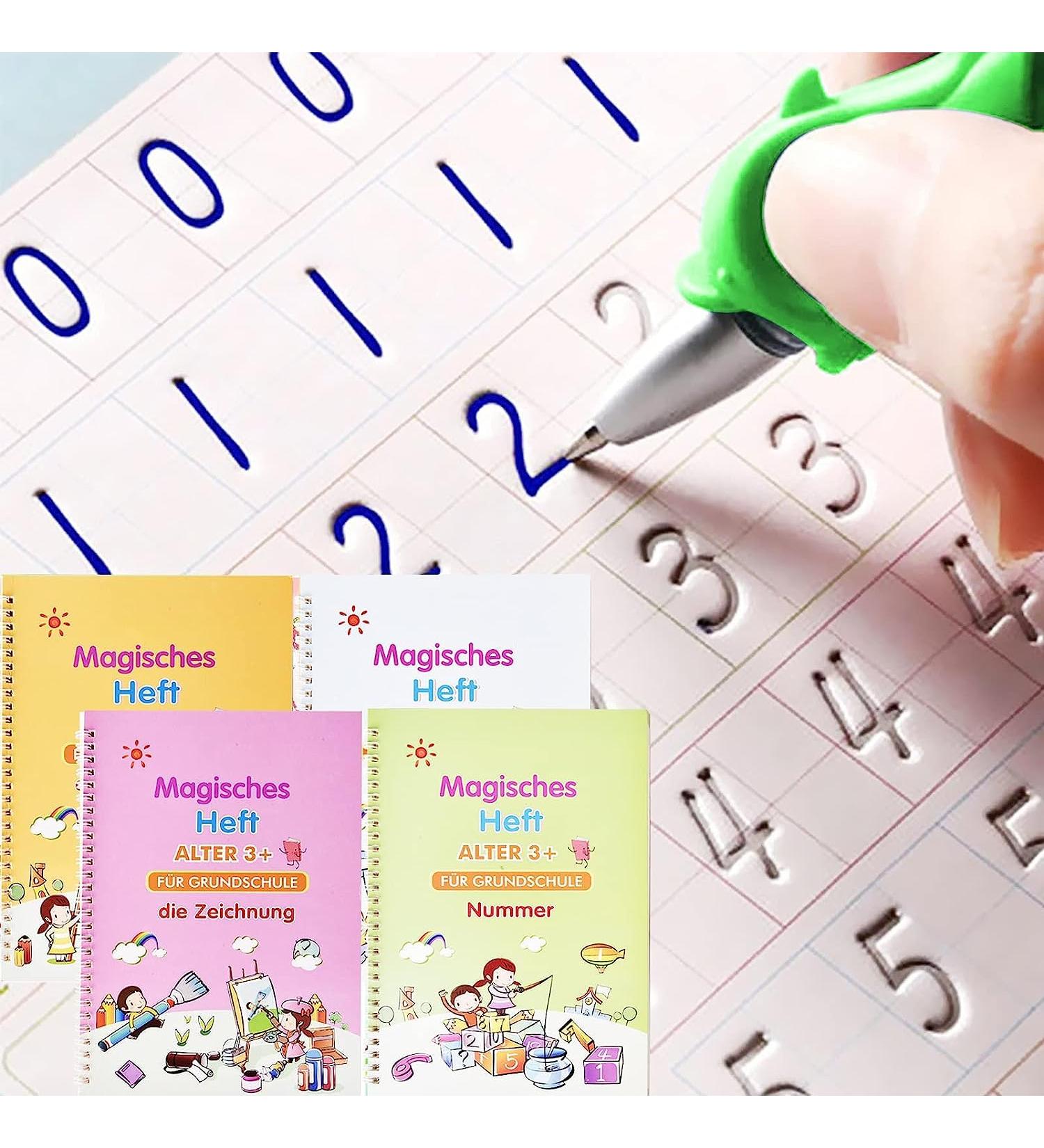 Qianshouyan 4-Piece German Magical Booklet Set | Reusable Handwriting Exercise Book with Pen for Kids | 26x18cm Calligraphy Numbers Drawing & Letters Learning - Buy Online on SooperMarket.com