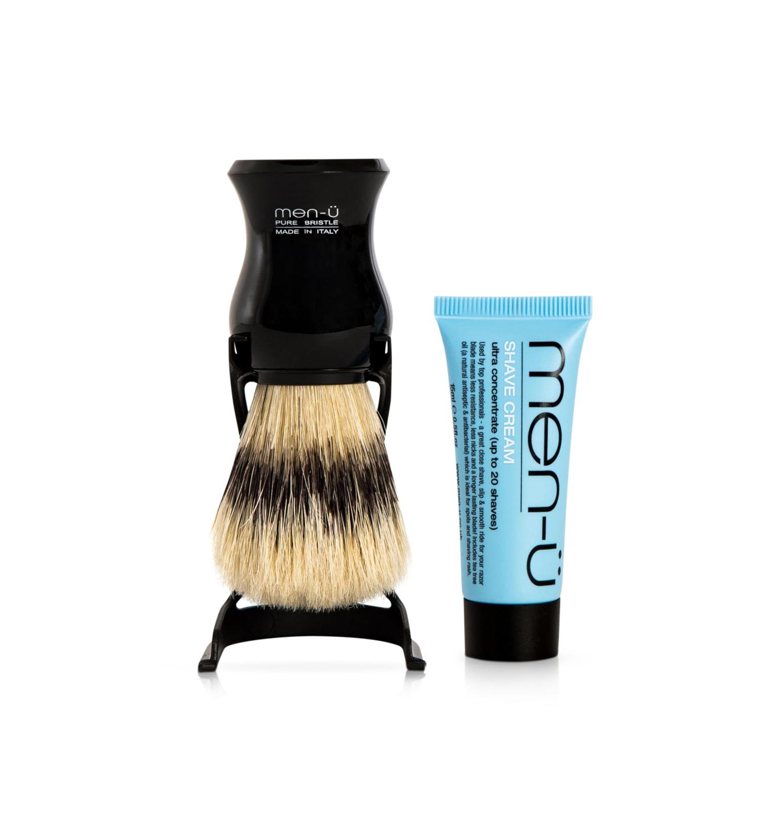 men-u BARBIERE Black Pure Bristle Shaving Brush Set with Italian Design - Includes 15ml Shave Cream Tube - Buy Online on SooperMarket.com