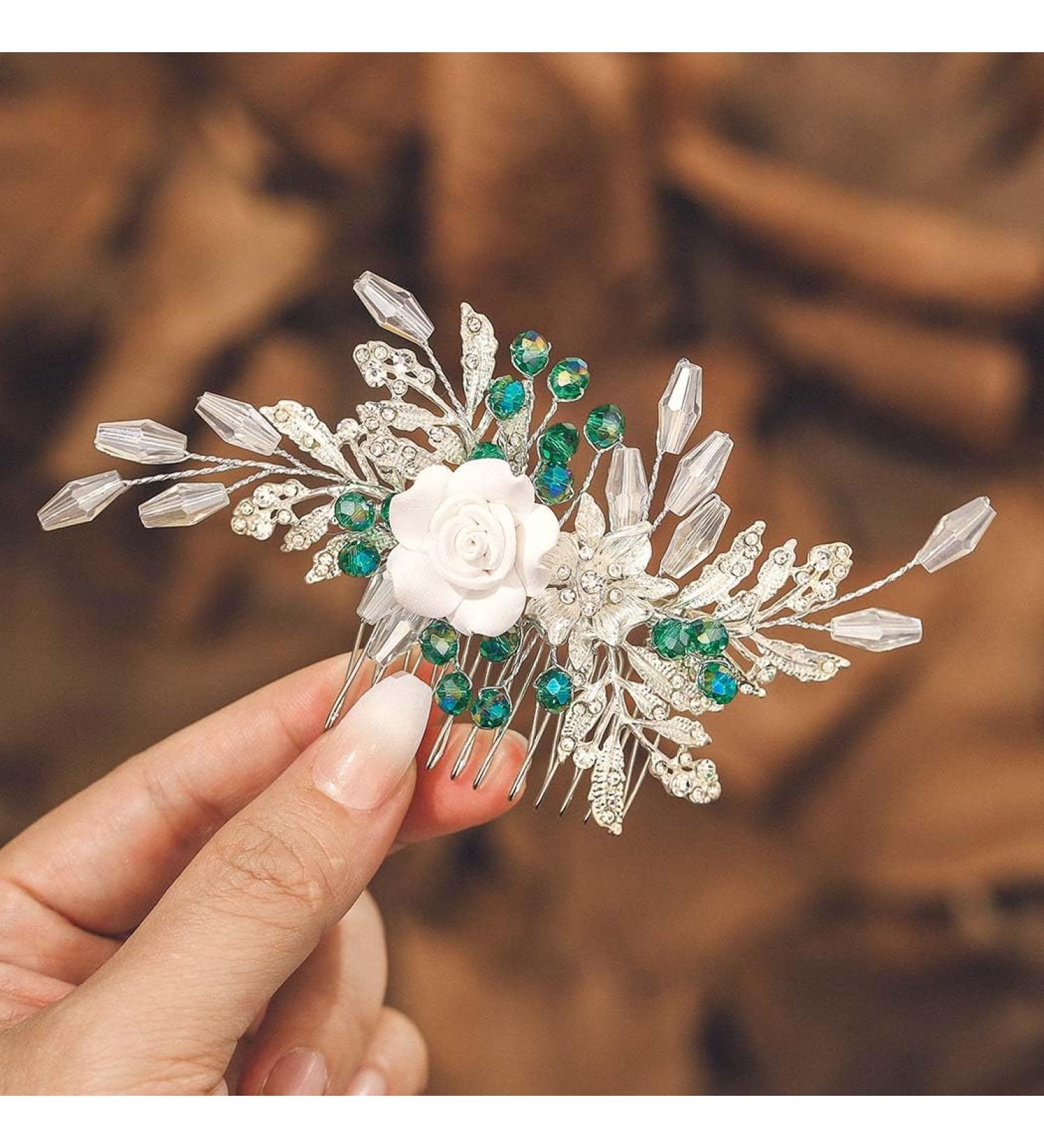 IYOU Women Wedding Hair Comb Silver Flower Headpiece Leaf Beads Hair Piece Guest Prom Hair Accessories for Bride and Bridesmaid - Buy Online on SooperMarket.com