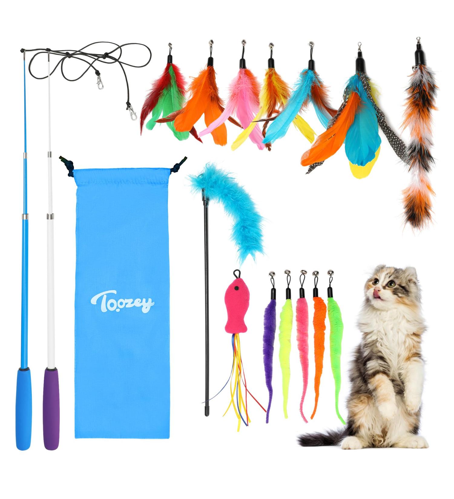 Toozey Cat Toys 16 PCS Set | Interactive Fishing Rod Feather & Bug Replacements with Bells | Bonus Storage Bag | International Shipping Available - Buy Online on SooperMarket.com
