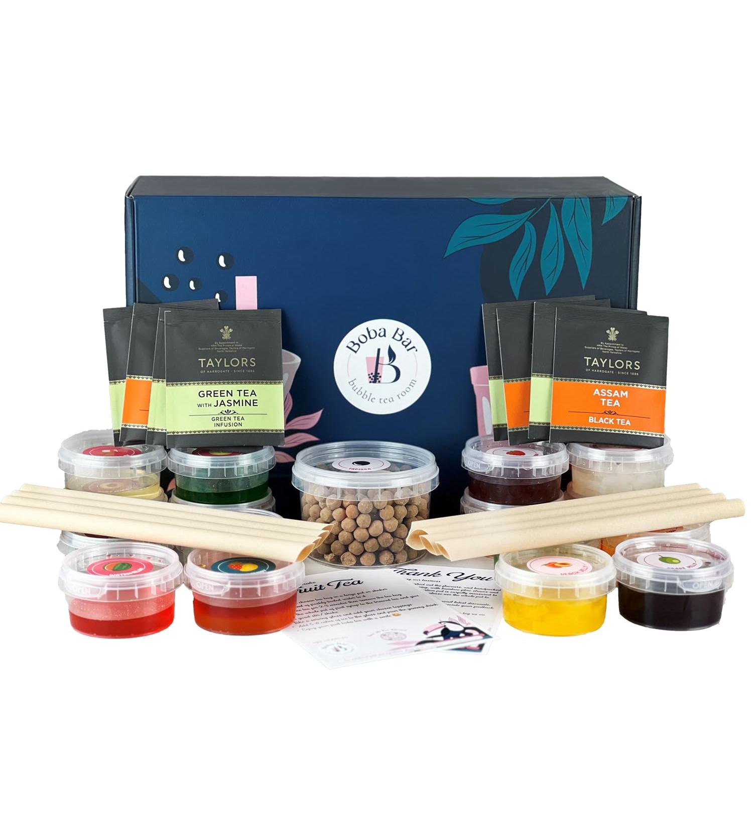 Boba Bar London | Wild Vibes Fruit Bubble Tea Kit | 8 Fruit Tea Flavours | 8 Boba & Jelly Toppings | Tapioca Pearls | 8 Bamboo Straws | 8 Tea Bags | 2 Recipe Cards Boba Bar London | Wild Vibes Fruit Bubble Tea Kit | 8 Fruit Tea Flavours | 8 Boba & Jelly T - Buy Online on SooperMarket.com
