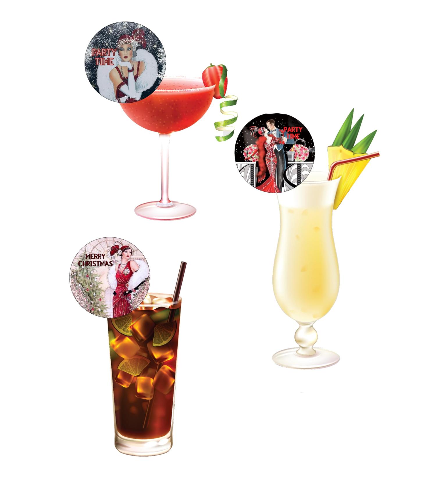 15 Pre-Cut Art Deco Christmas Party Edible Wafer Paper Cocktail Drinks Champagne Prosecco Toppers Decorations - 5cm circles