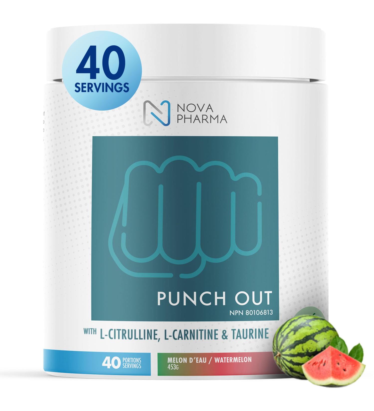 Nova Pharma Punch Out Pre Workout Powder L-Carnitine and Antioxidant-Rich Pre Workout Supplement Boost Stamina and Endurance for Gym Training and Workouts - 40 Servings (Watermelon) - Buy Online on SooperMarket.com