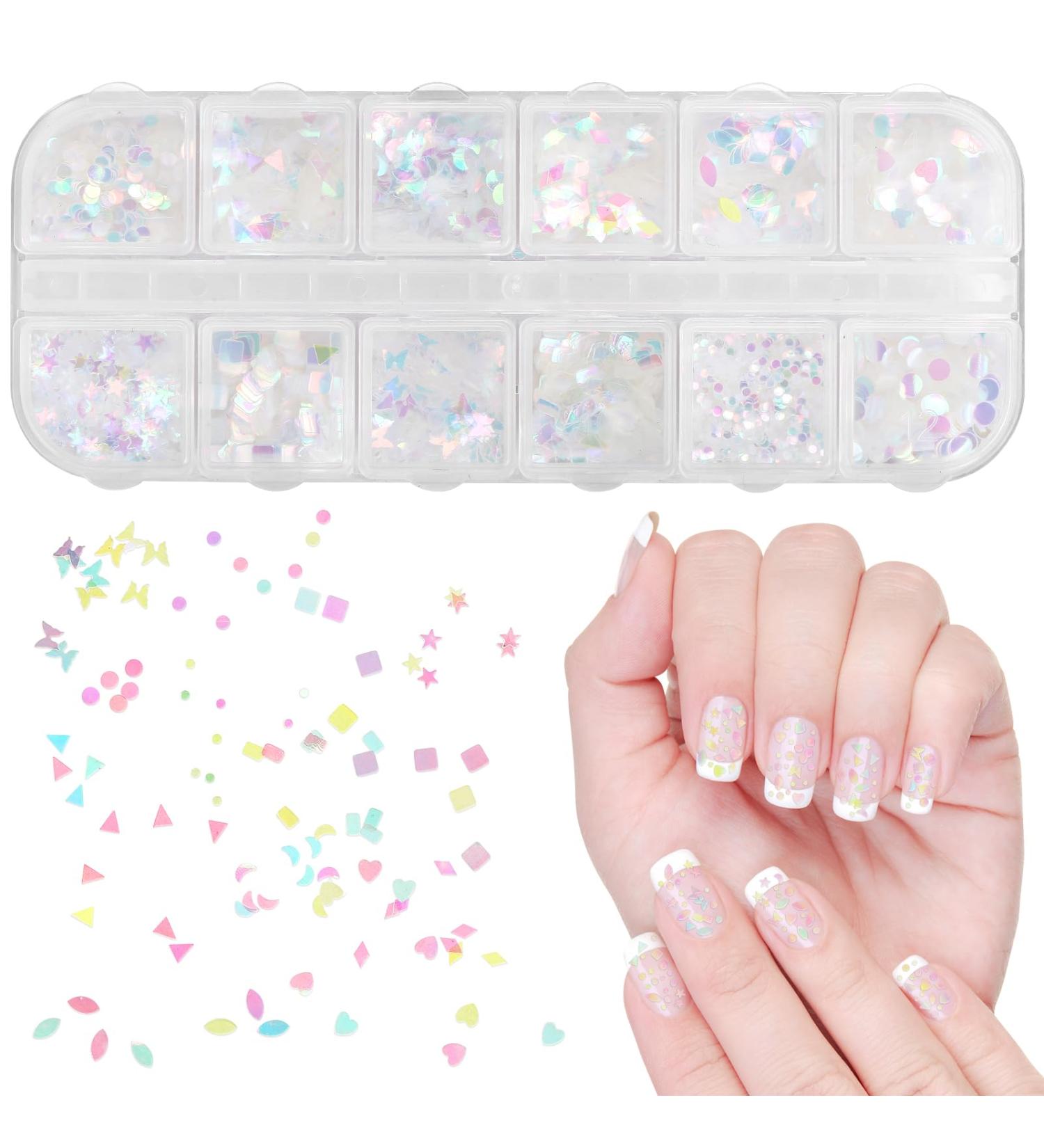 Naler Glitter Nail Art Sequins Iridescent Manicure Flake Colorful Nails Sequins Make Up DIY Nail Stickers Decorations for Women Girl 12 Boxes - Buy Online on SooperMarket.com