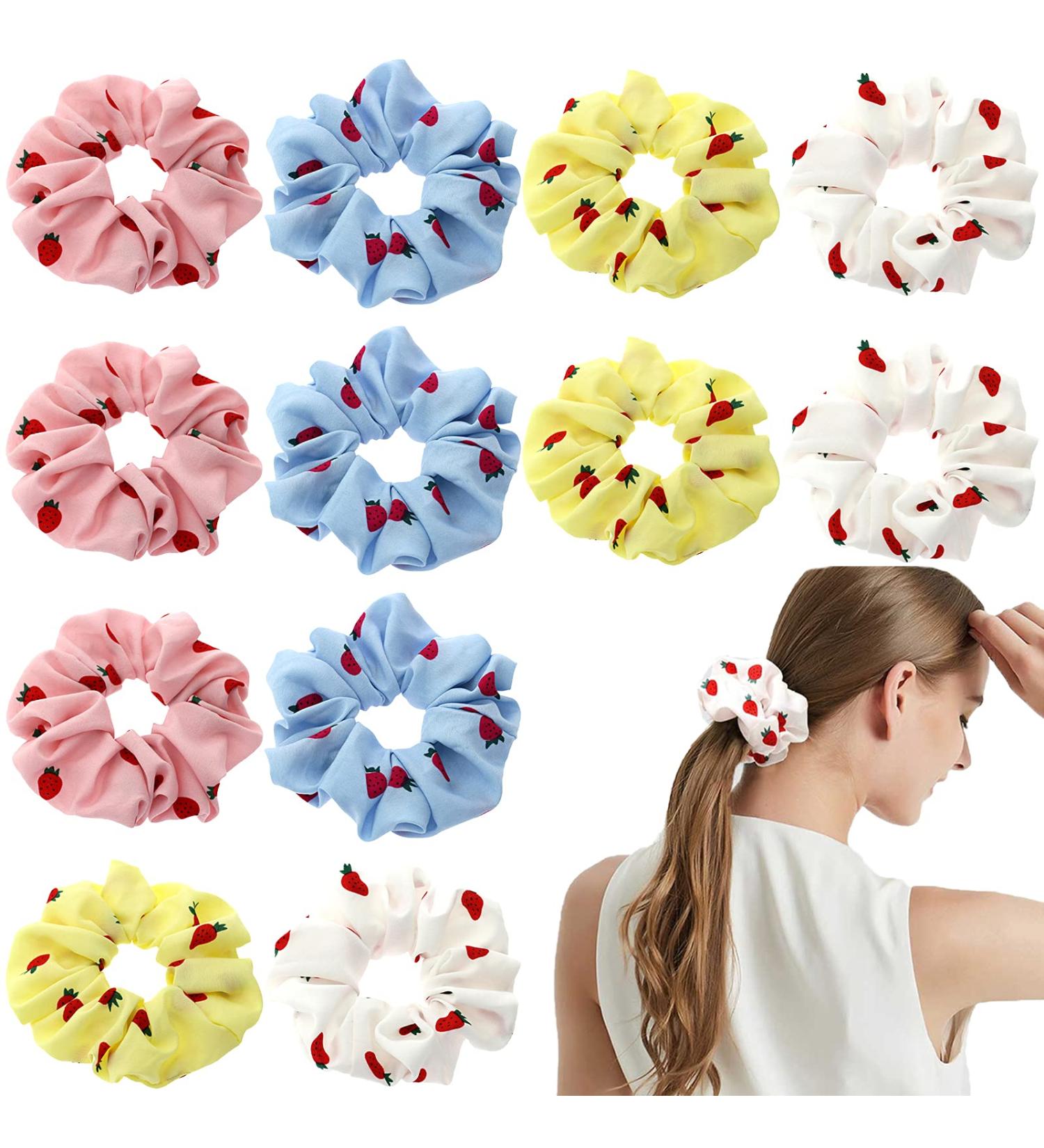 12 Pcs Cute Strawberry Hair Scrunchies - Elastic Hair Bands for Women and Girls - Buy Online on SooperMarket.com