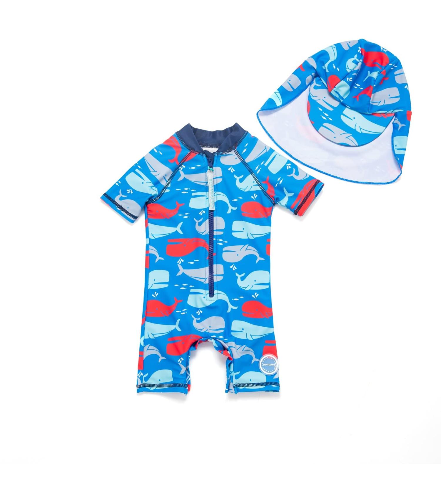 BONVERANO Baby Boys Swimsuit | Toddler Short-Sleeve Zipper Bathing Suit | UPF 50+ Sun Protection | Colorful Whale Design | 12-18 Months - Buy Online on SooperMarket.com