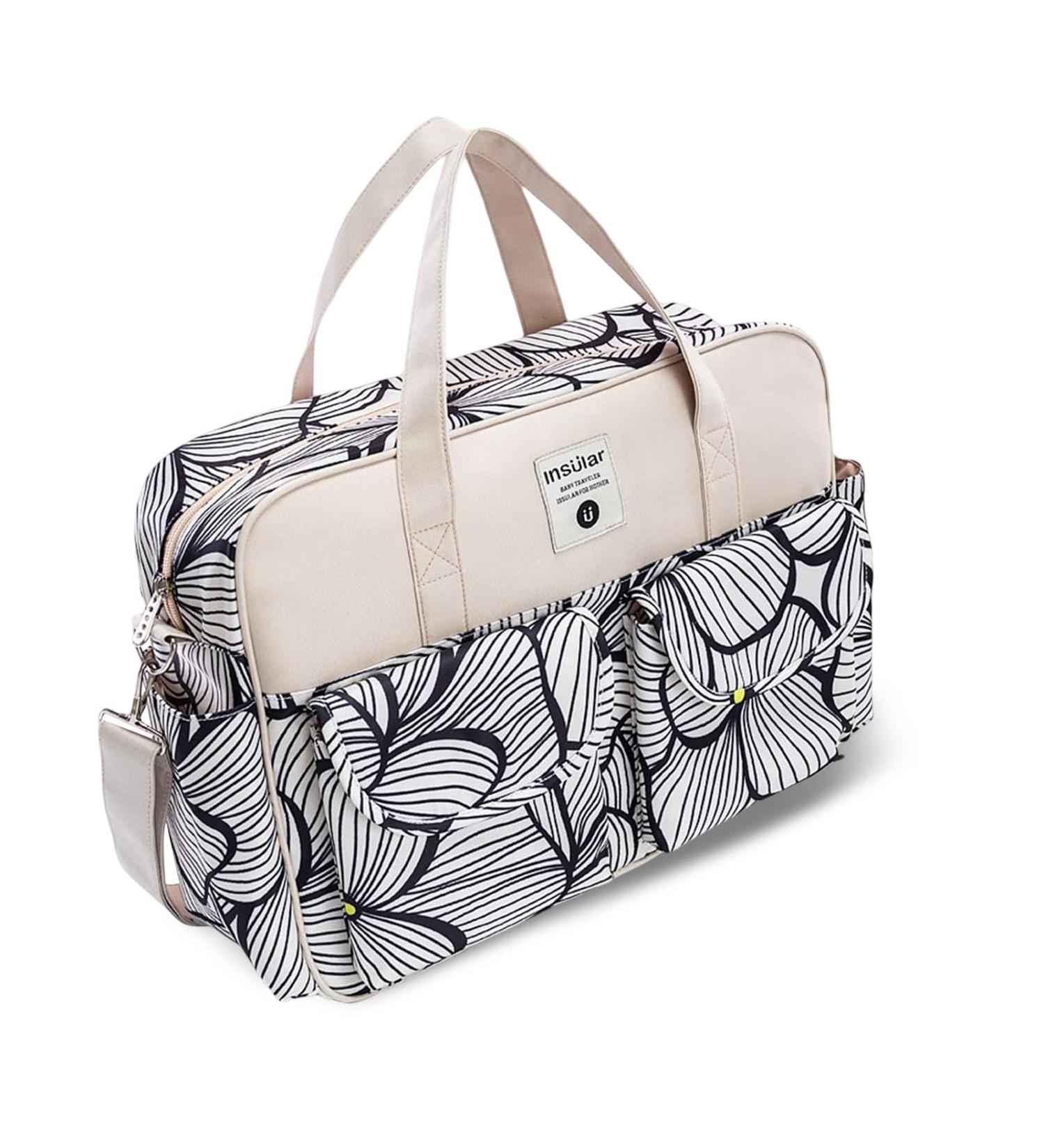 SONARIN Large Capacity Waterproof Baby Changing Tote Bag - Multi-Function Satchel Messenger Bag with Shoulder Strap & Changing Mat, Black & White Petals - Buy Online on SooperMarket.com