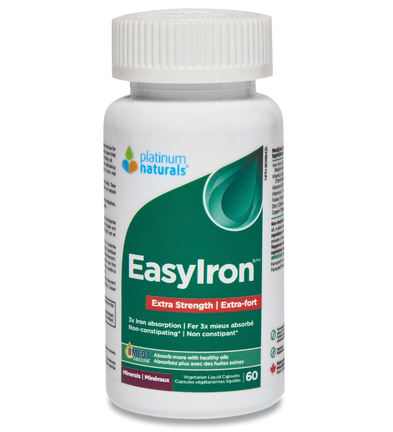 Platinum Naturals - EasyIron Extra Strength Capsules 60 Vegan Liquid Caps - Enhanced Red Blood Cell Formation Gentle on the Stomach - Iron Bisglycinate with B6 & B12 Vitamins Ideal for Men & Women - Buy Online on SooperMarket.com