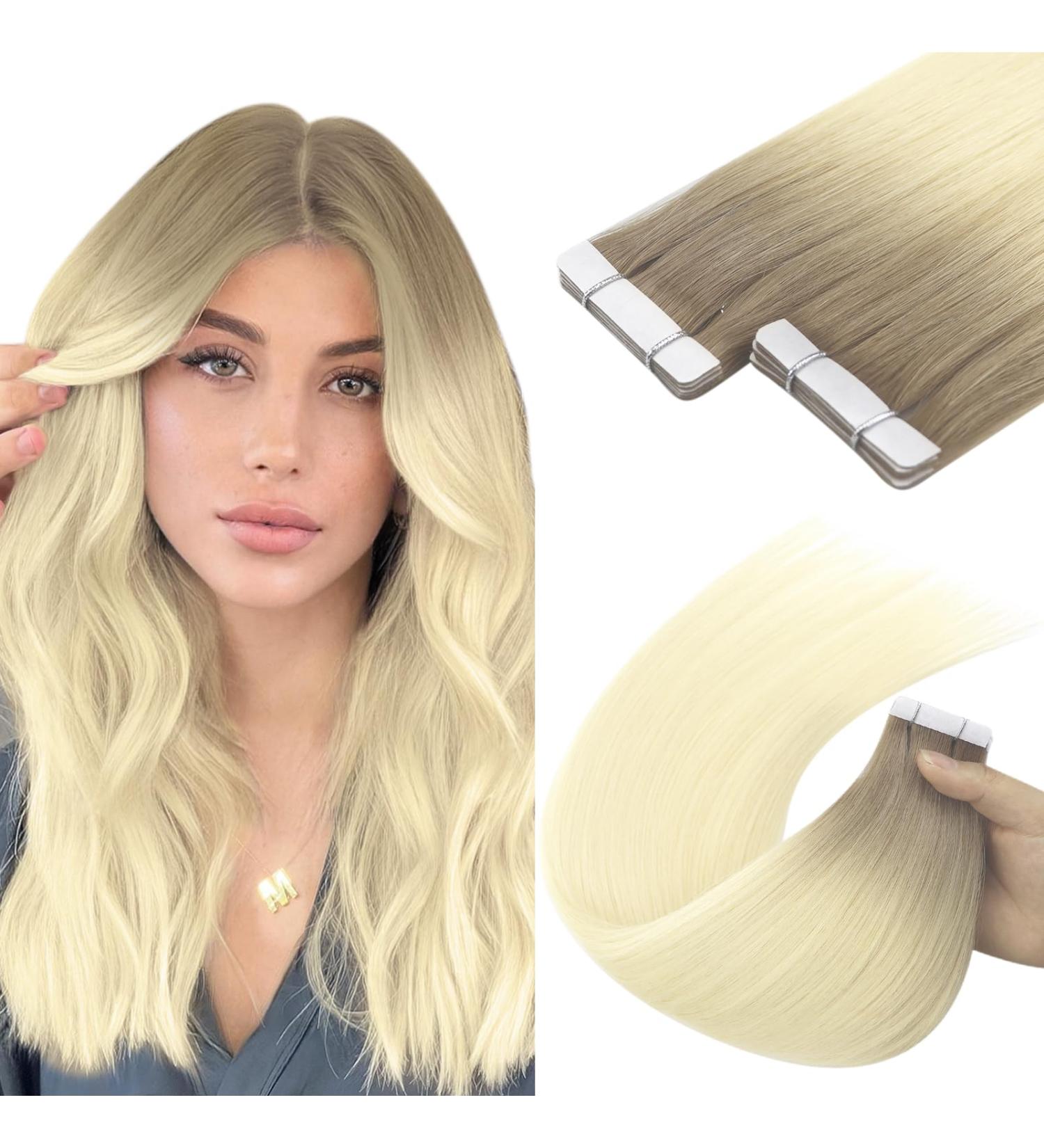 Youngsee Ombre Real Hair Tape Extensions - 45cm Light Brown to Blonde Virgin Smooth Weft 5pcs #R8T60 - Buy Online on SooperMarket.com