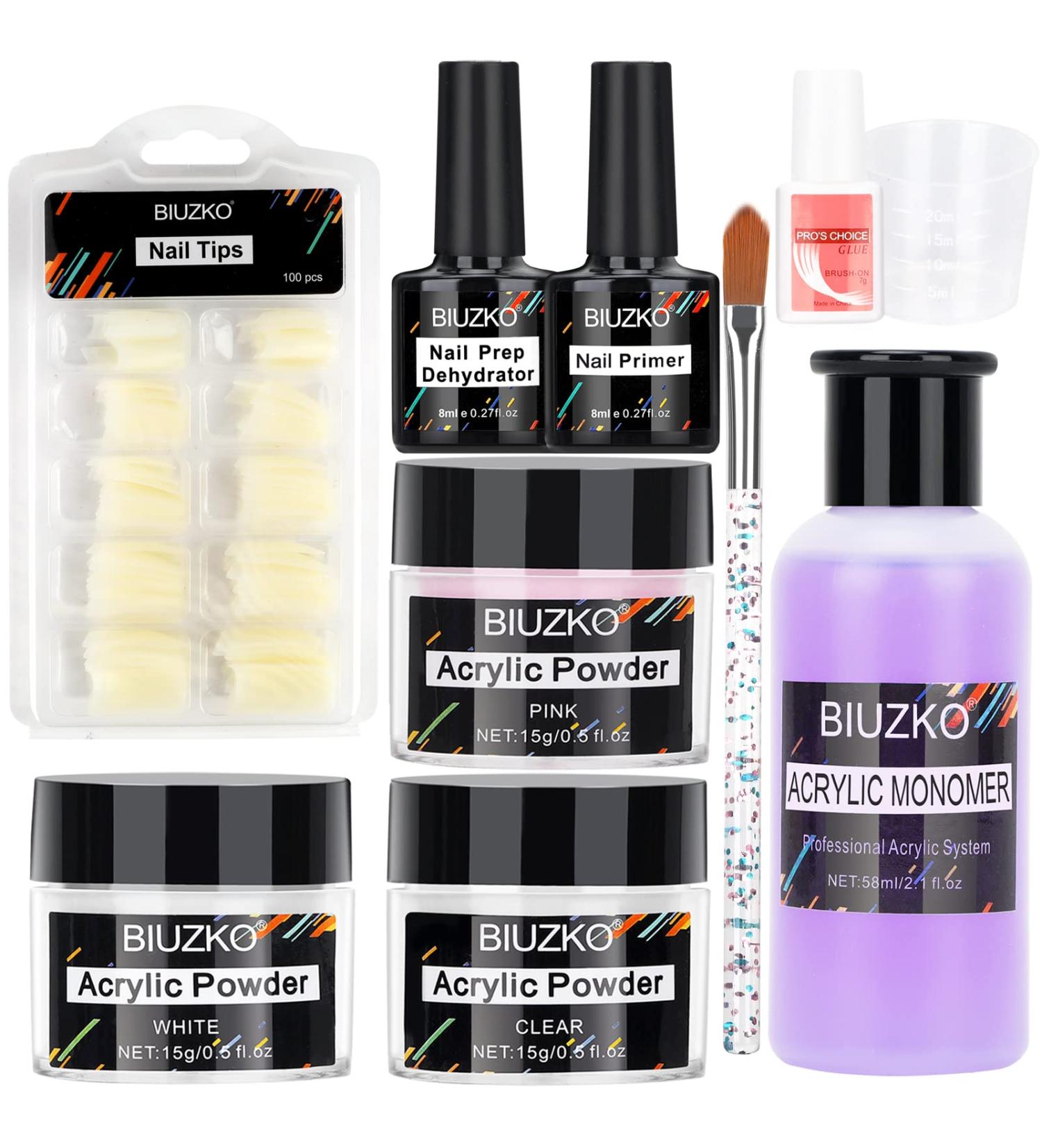 Professional Acrylic Nail Kit for Beginners - Includes Prep Dehydrator, Primer, Acrylic Powder & Liquid, Nail Tips, Glue, and Brush - White, Clear, Pink - Buy Online on SooperMarket.com