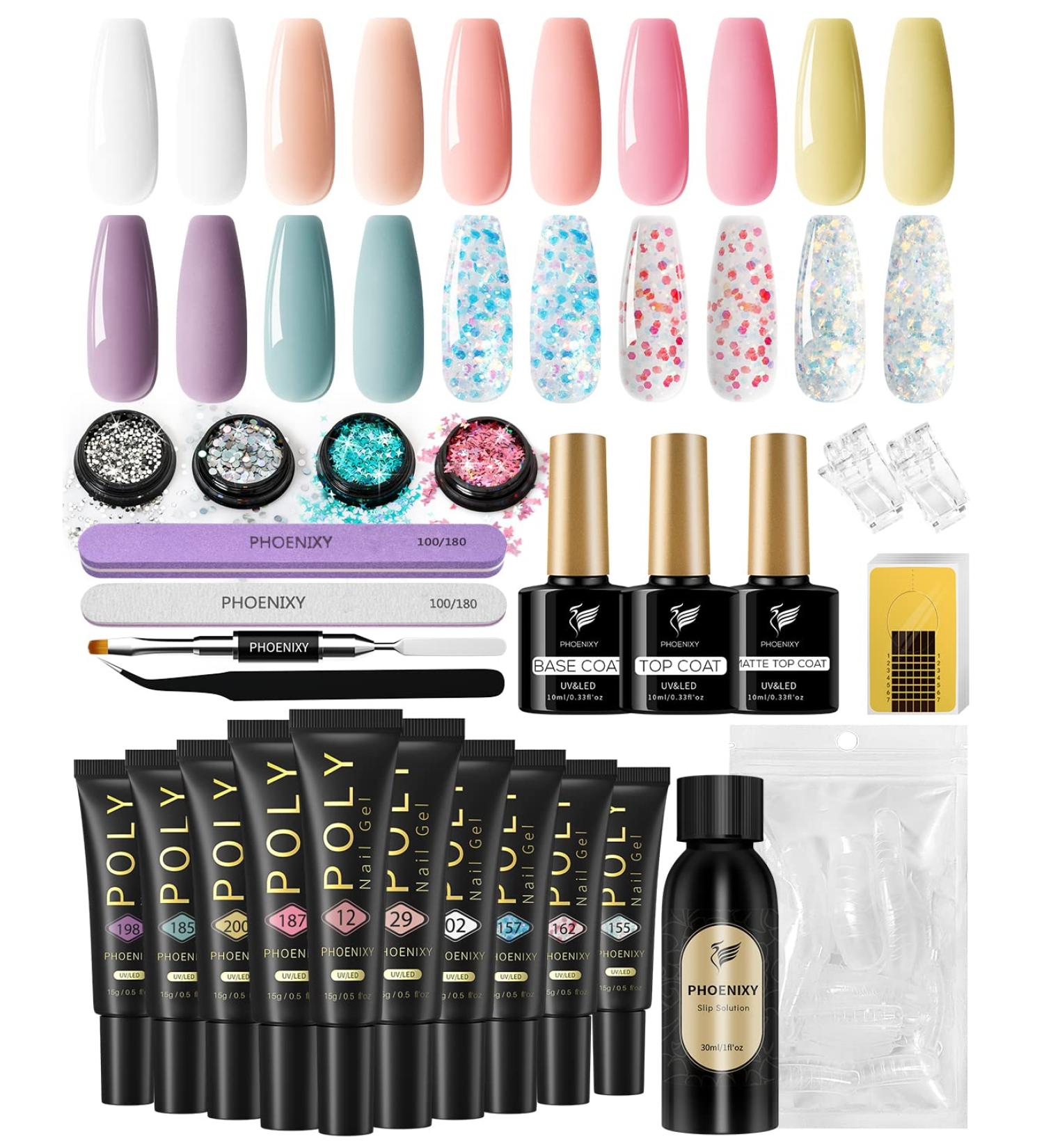Phoenixy Poly Nail Gel Kit - 10 Colors Poly Extension Starter Set with Glossy & Matte Top Coat | Basic Manicure Tools | Gifts for Women - Buy Online on SooperMarket.com