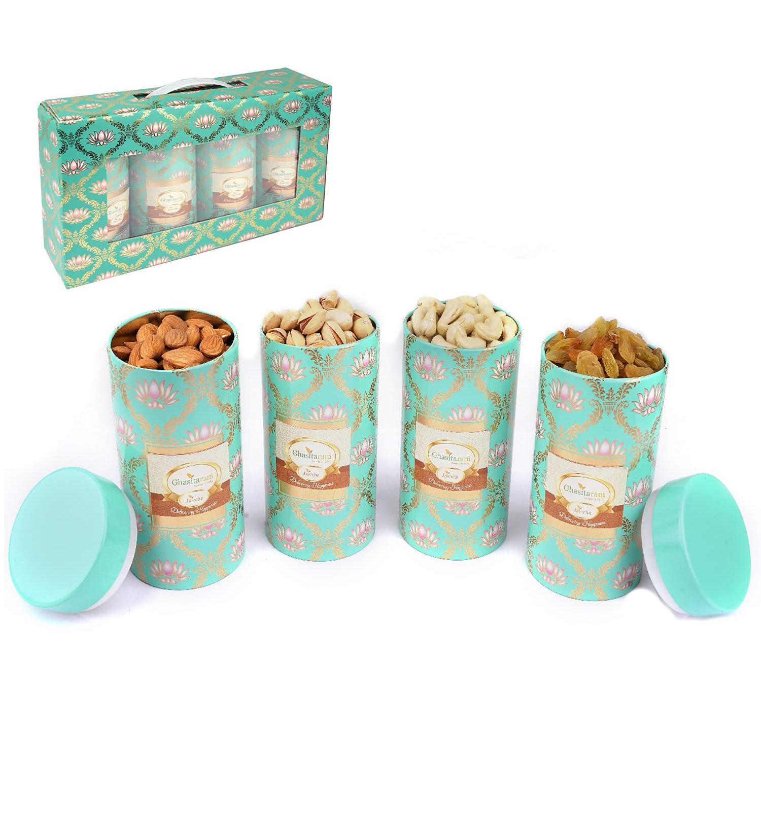 Jaiccha Ghasitaram Dryfruits Hamper-Lotus Box 4 dryfruits Tin Jars |Gift for Diwali Holi Rakhi Valentine Christmas Birthday Anniversary Her Him| Lotus Box 4 dryfruits Tin Jarss - Buy Online on SooperMarket.com