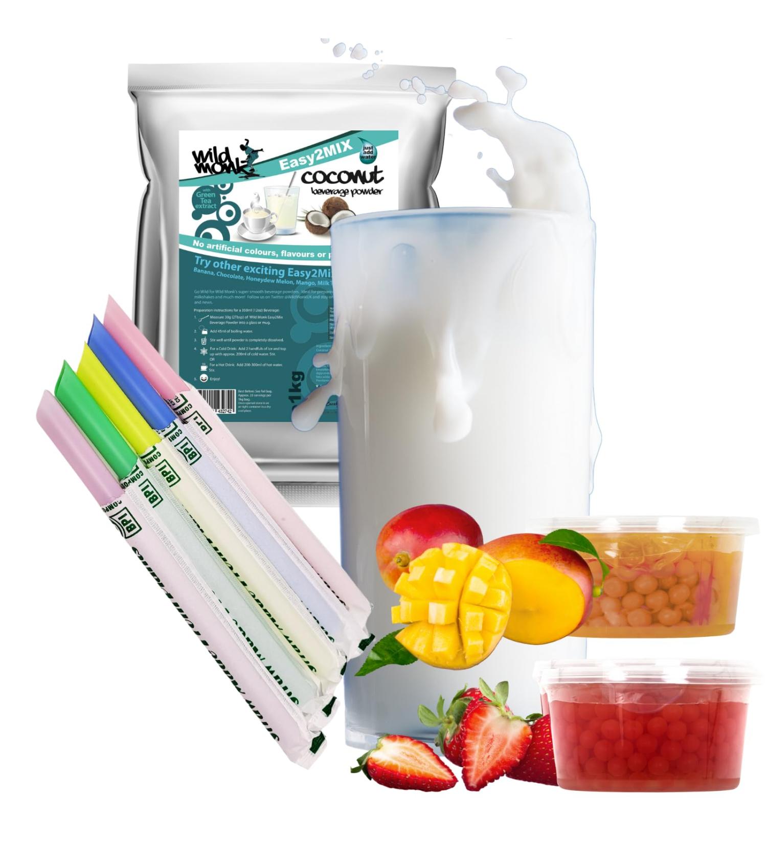 Ultimate Bubble Tea Kit Coconut - Featuring Strawberry and Mango Juice Pobbles and Colourful Compostable Straws