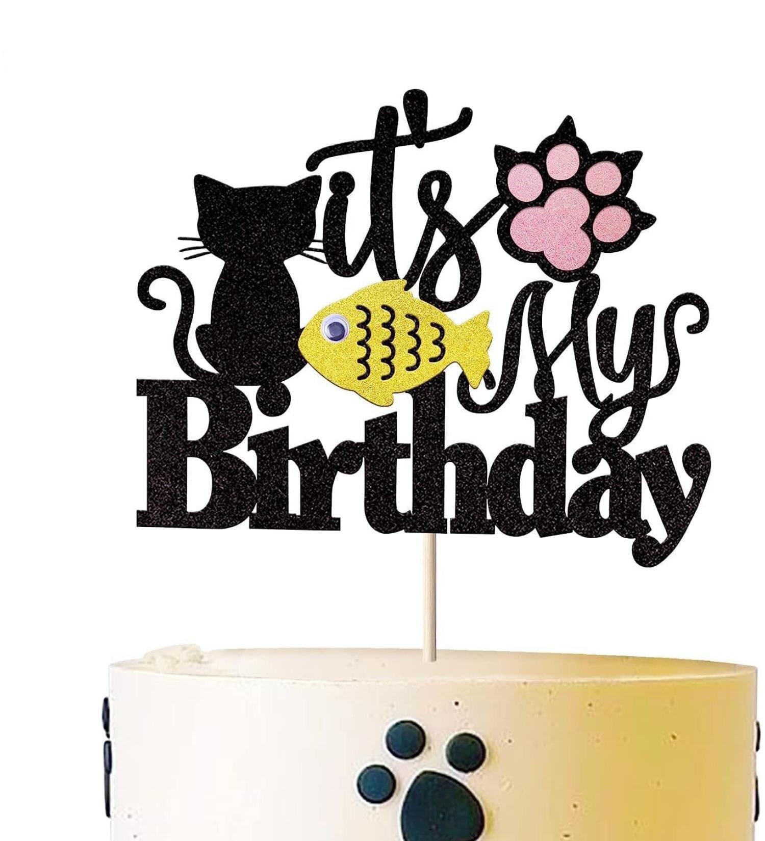 Happy Birthday Cat Cake Topper - Glittery Black Kitten Decoration for Birthday Baby Shower & Wedding Parties - Buy Online on SooperMarket.com