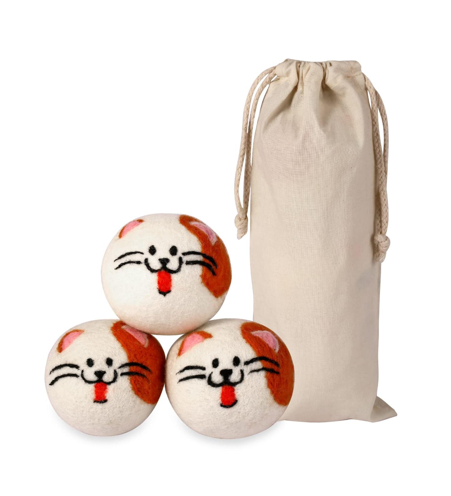 XL Cute Cat Face Wool Dryer Balls - Handmade Reusable Fabric Softener | Organic Shorten Drying Time | 3 Pack for 1000+ Loads - Buy Online on SooperMarket.com