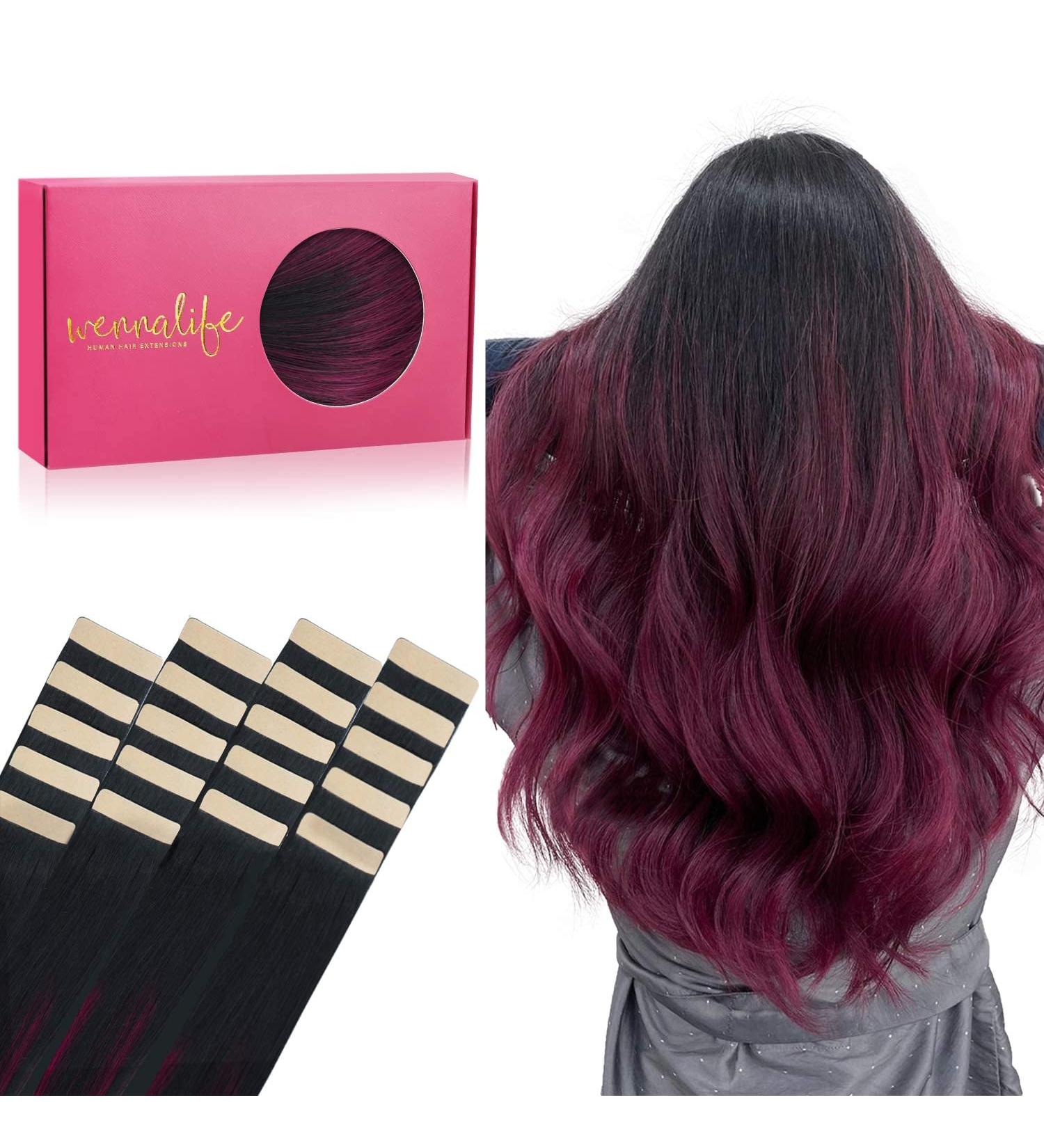 Salife Tape Extensions - 20 Pcs Real Hair 50g 14 Inch Jet Black to Burgundy Remy Invisible Skin Weft Tape In - Buy Online on SooperMarket.com