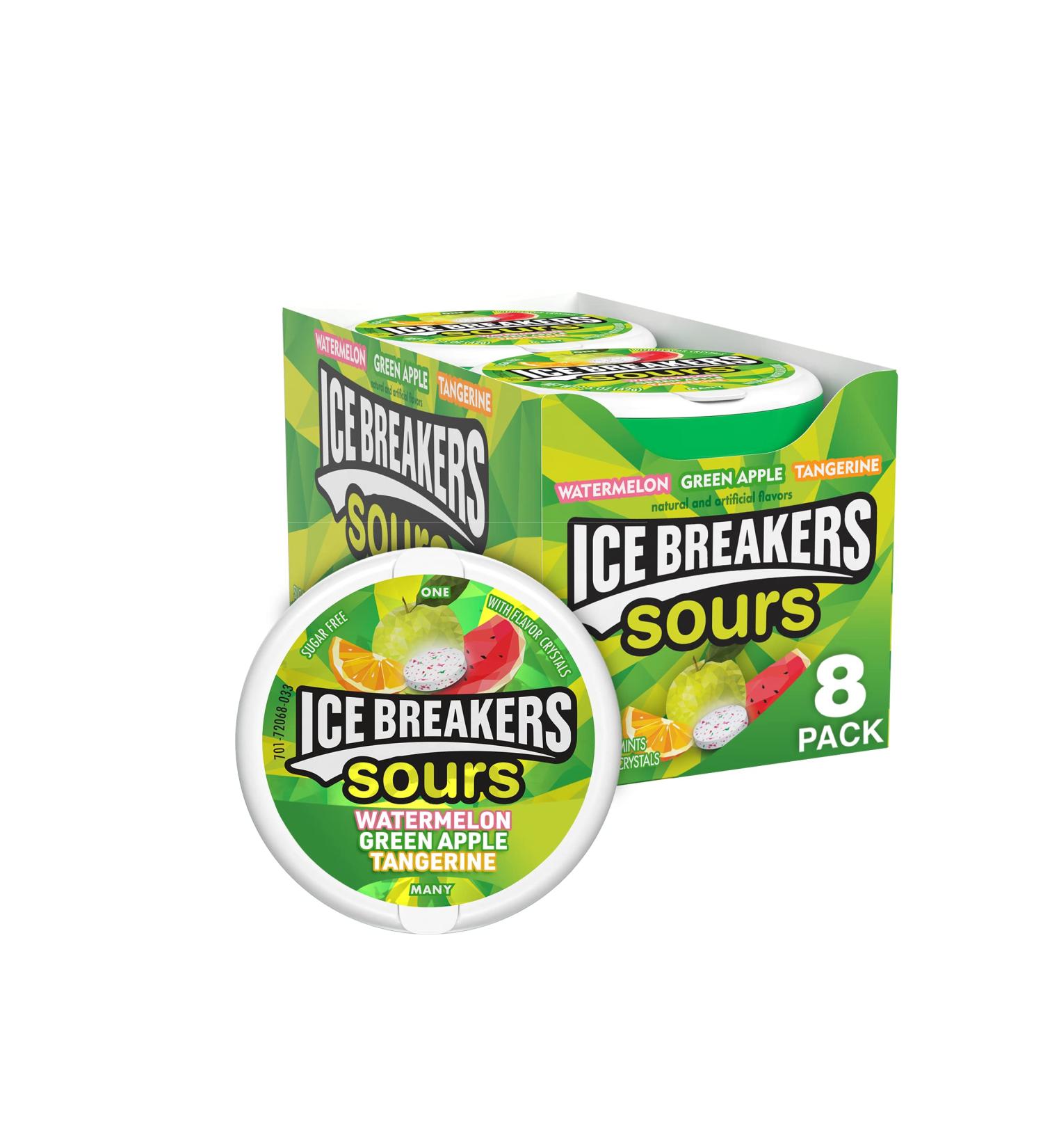 ICE BREAKERS Sours Sugar Free Breath Mints - Green Apple, Tangerine, Watermelon Flavors - 1.5 oz Tins (8 Count) - Buy Online on SooperMarket.com