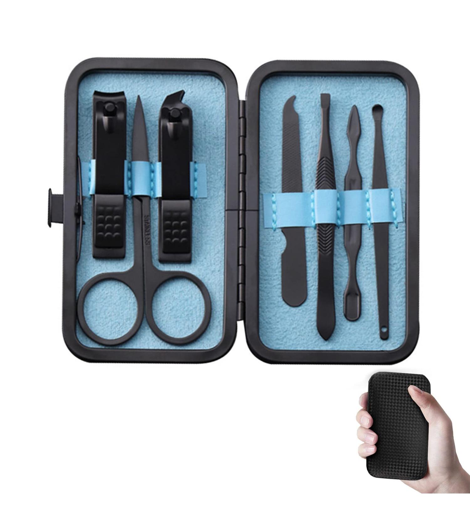 Rnitle Luxury 7-in-1 Manicure Set - Stainless Steel Nail Clipper & Pedicure Tools in Black PU Leather - Travel Beauty Kit - Buy Online on SooperMarket.com