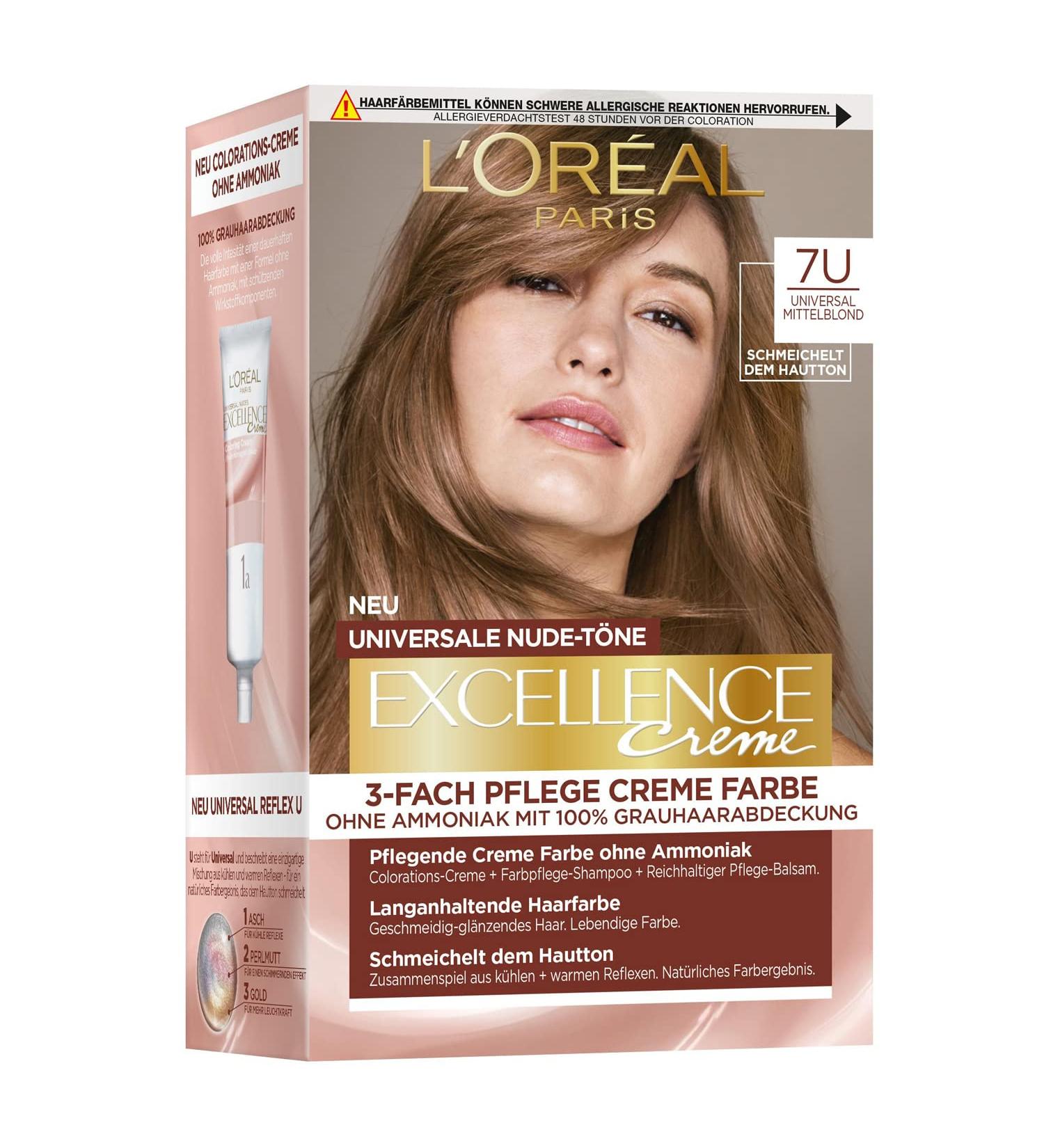 L'Or l Paris Permanent Hair Colour for Any Skin Tone Ammonia Colouration Universal Nude Tones with Full Grey Coverage Excellence Cream Number 7U Medium Blonde (Blonde) 1 Piece #7U Medium Blonde - Buy Online on SooperMarket.com