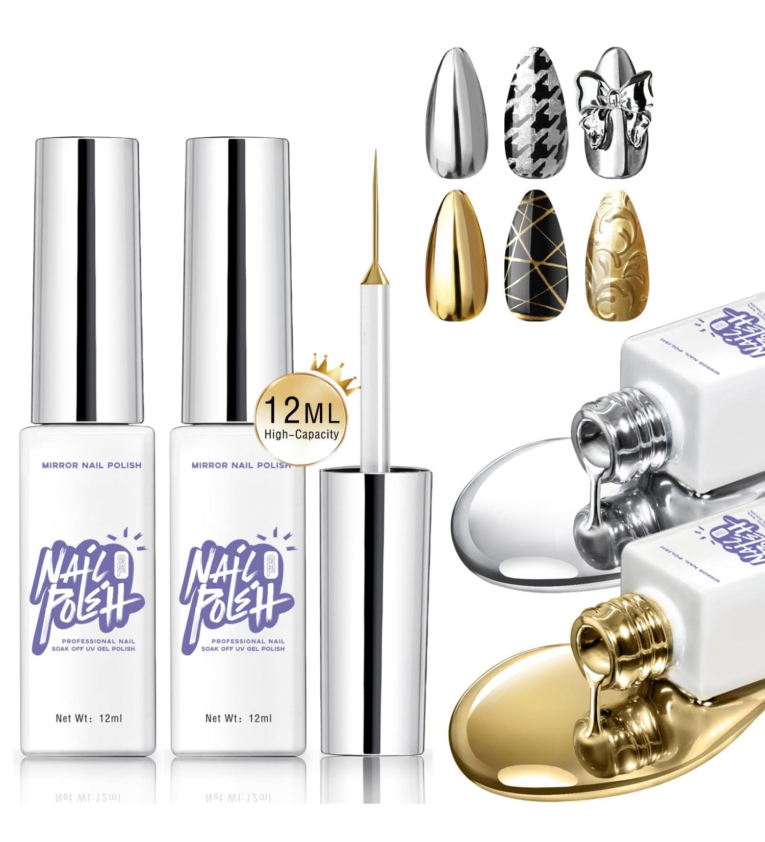 Metallic Mirror Painting Nail Polish - 2x12ml Silver & Gold - Chrome Effect Striper Gel with Brush for DIY Nail Art Manicure - Buy Online on SooperMarket.com