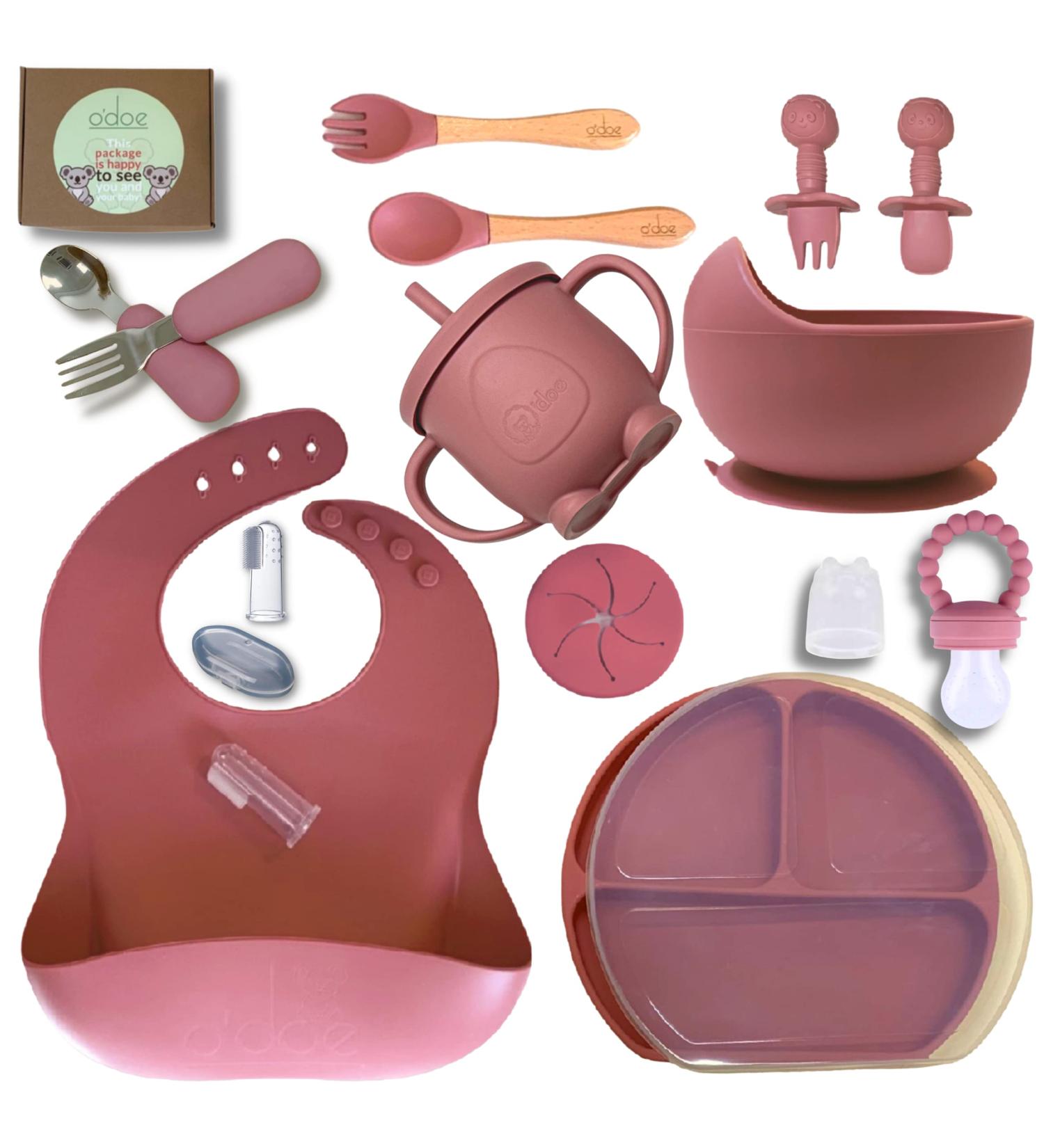 Baby Led Weaning Feeding Set (17 Pcs) | Suction Silicone Bowl, Self-Feeding Utensils & Fruit Feeder Cup | Rose Pink V2 - Buy Online on SooperMarket.com