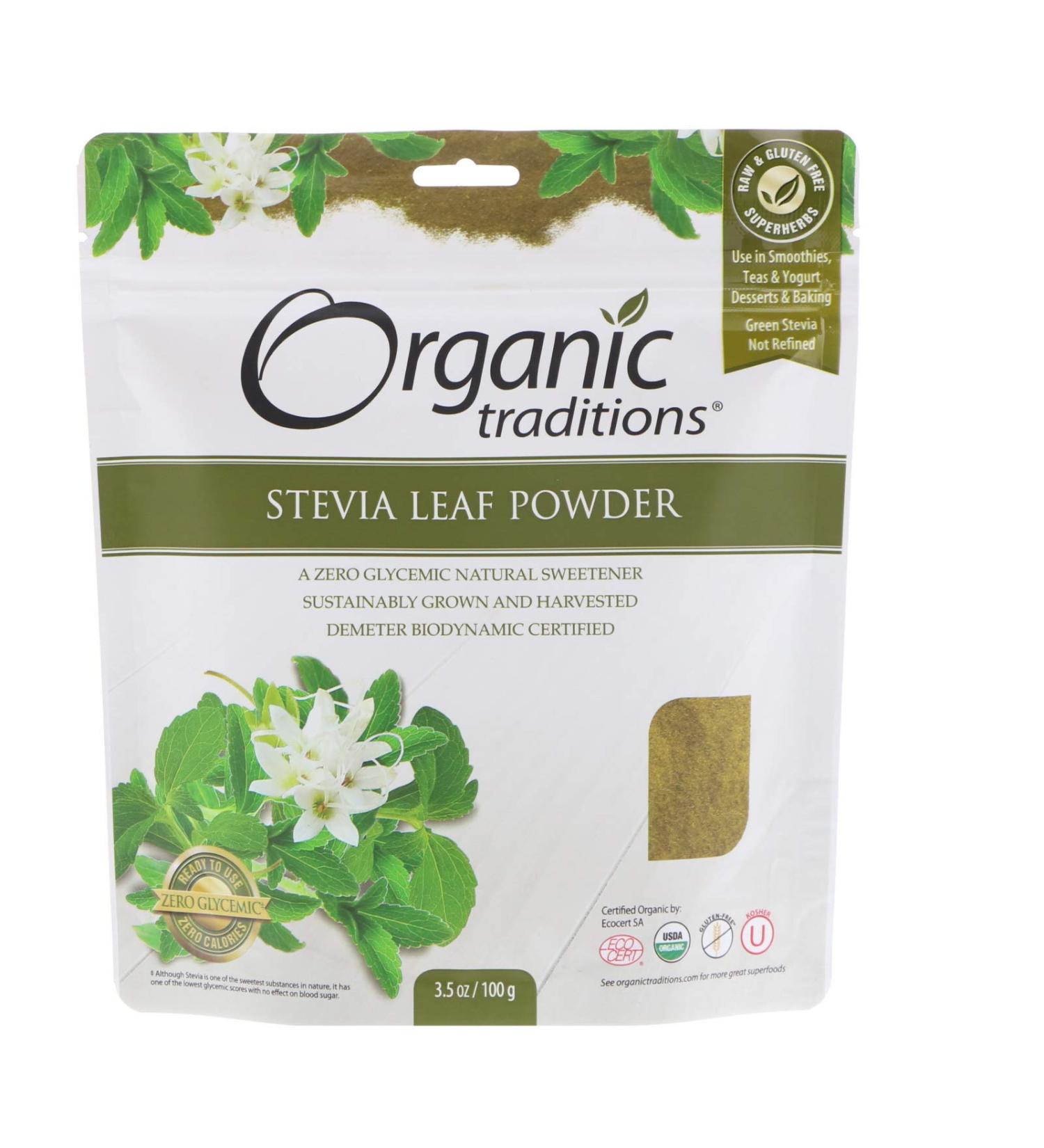 Organic Traditions - Stevia Leaf Powder 100g/3.5oz - Natural Sweetener - Low Glycemic