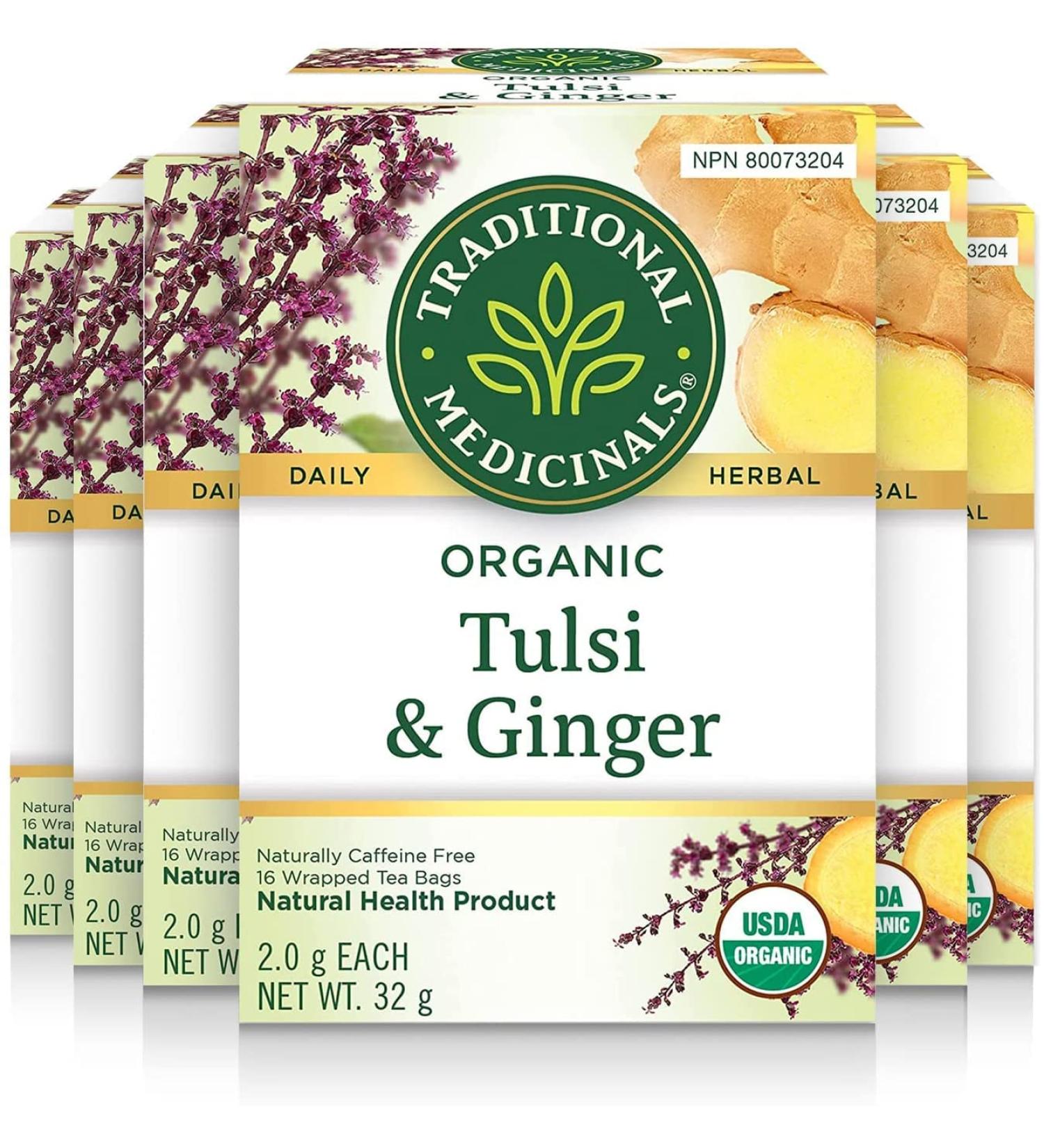 Traditional Medicinals - Organic Tulsi with Ginger Herbal Tea (Pack of 6) - Adaptogen That Helps Increase Energy and Stress Response - 96 Tea Bags Total Tea Tulsi with Ginger 16 Count (Pack of 6) - Buy Online on SooperMarket.com