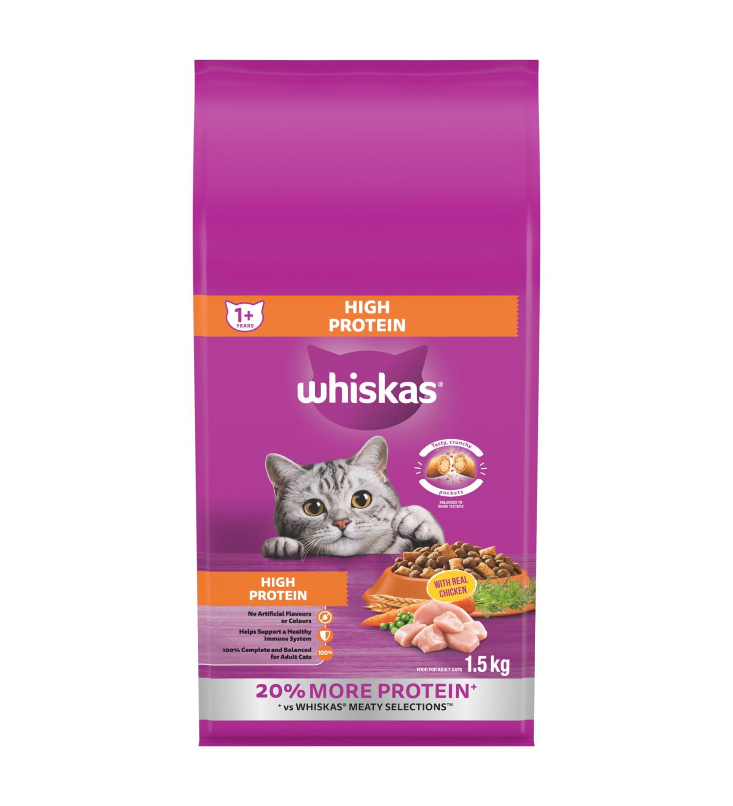 WHISKAS Adult Dry Cat Food - High Protein with Real Chicken 1.5kg Bag - Buy Online on SooperMarket.com