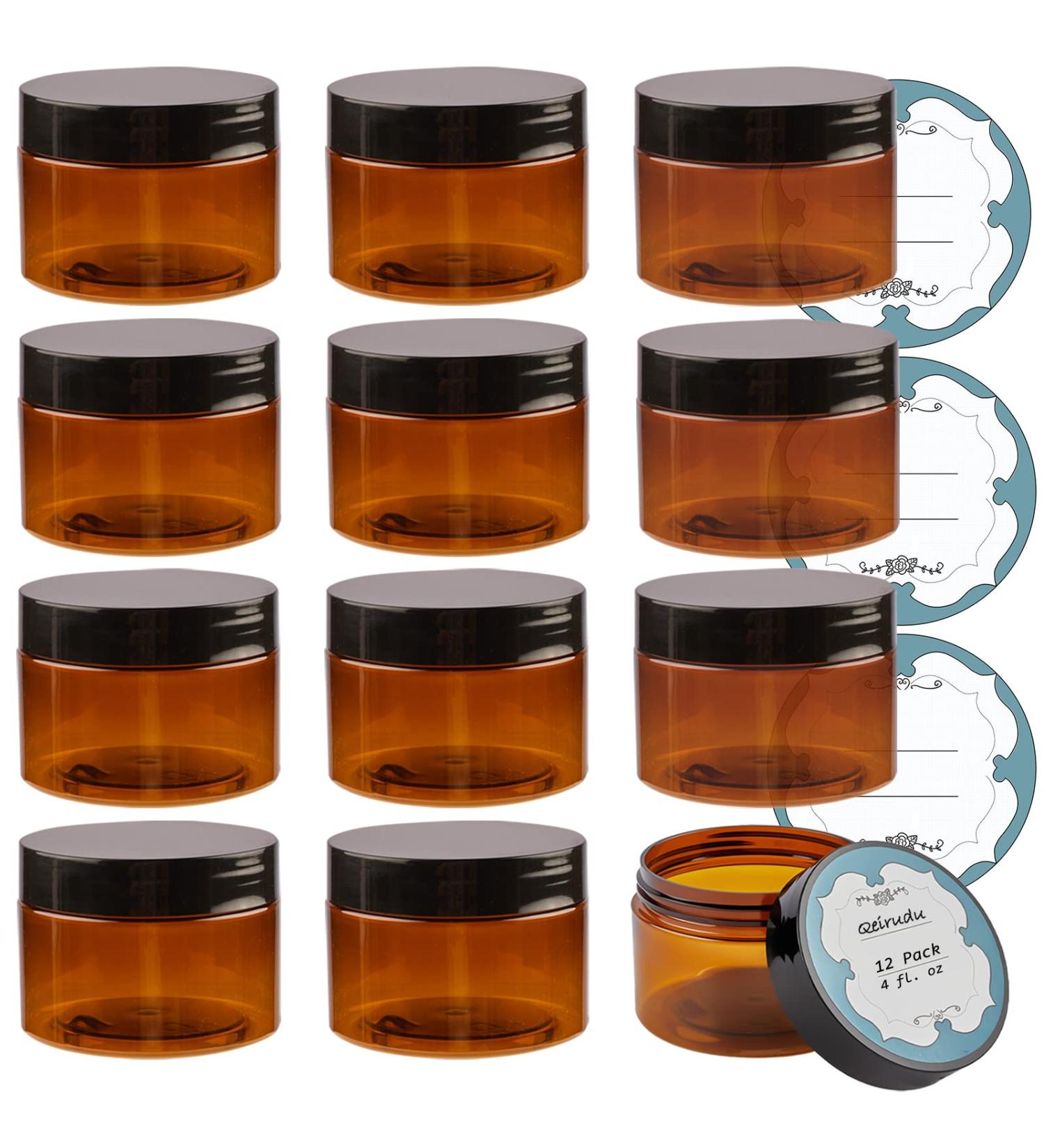 Qeirudu 4 oz Amber Plastic Jars 12 Pack - Refillable Round Brown Cosmetic Containers with Lids and Labels for Beauty Products - Buy Online on SooperMarket.com