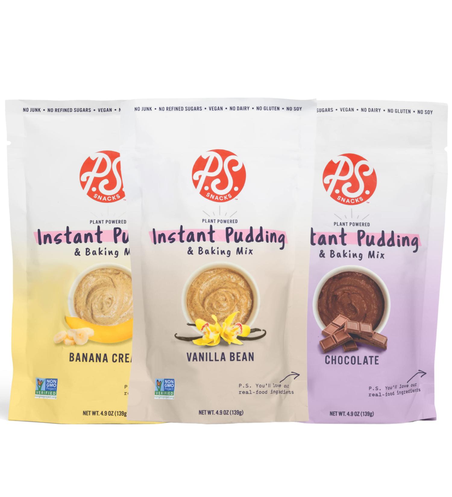 P.S. Snacks Instant Pudding & Baking Mix - Variety Pack (Vanilla Bean, Chocolate, Banana Cream) | Plant Based, Gluten Free, Dairy Free, Vegan | 70% Less Sugar | 4.9 oz (Pack of 3) - Buy Online on SooperMarket.com