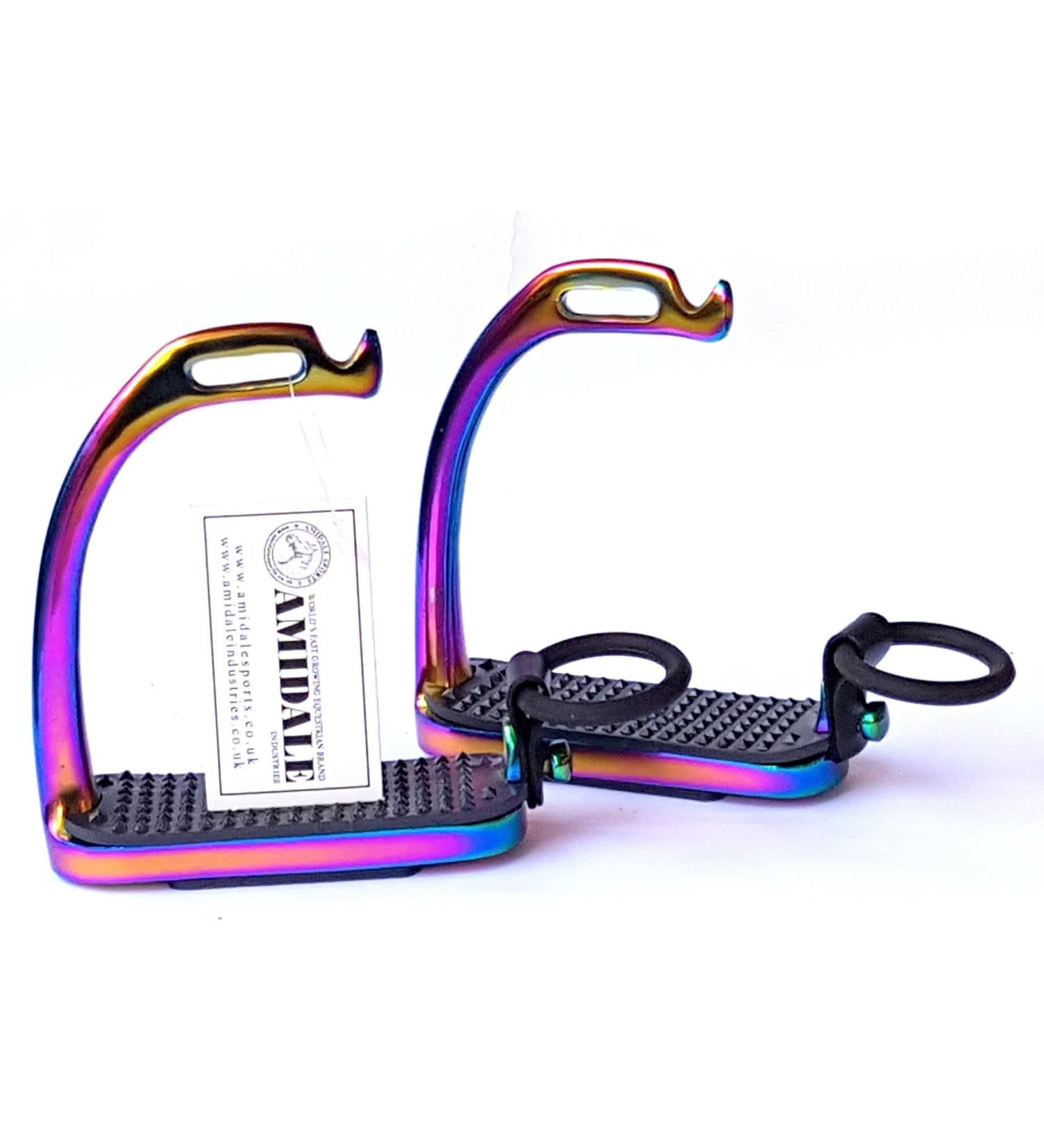 RAINBOW PEACOCK STIRRUPS AMIDALE HORSE RIDING IRON FILLIS MULTI COLOR BNWT 4.75 INCHES AND 5.00 INCHES (5.00 INCHES)