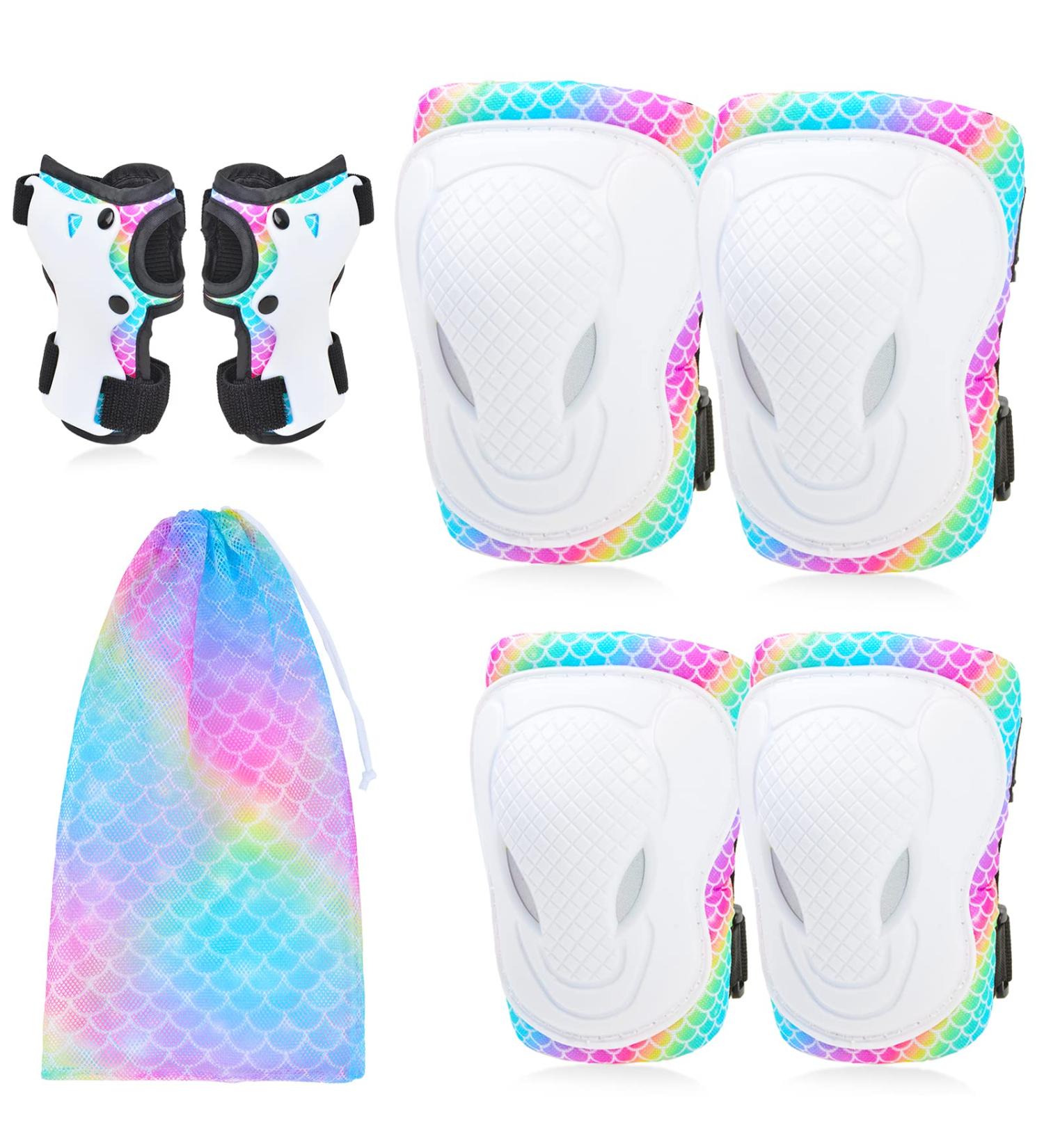 Rainbow Mermaid Kids Skating Protective Gear Set - Knee Pads, Elbow Pads, Wrist Guards for Skateboard, Roller Skating, Scooter - Ages 3-8 - Buy Online on SooperMarket.com