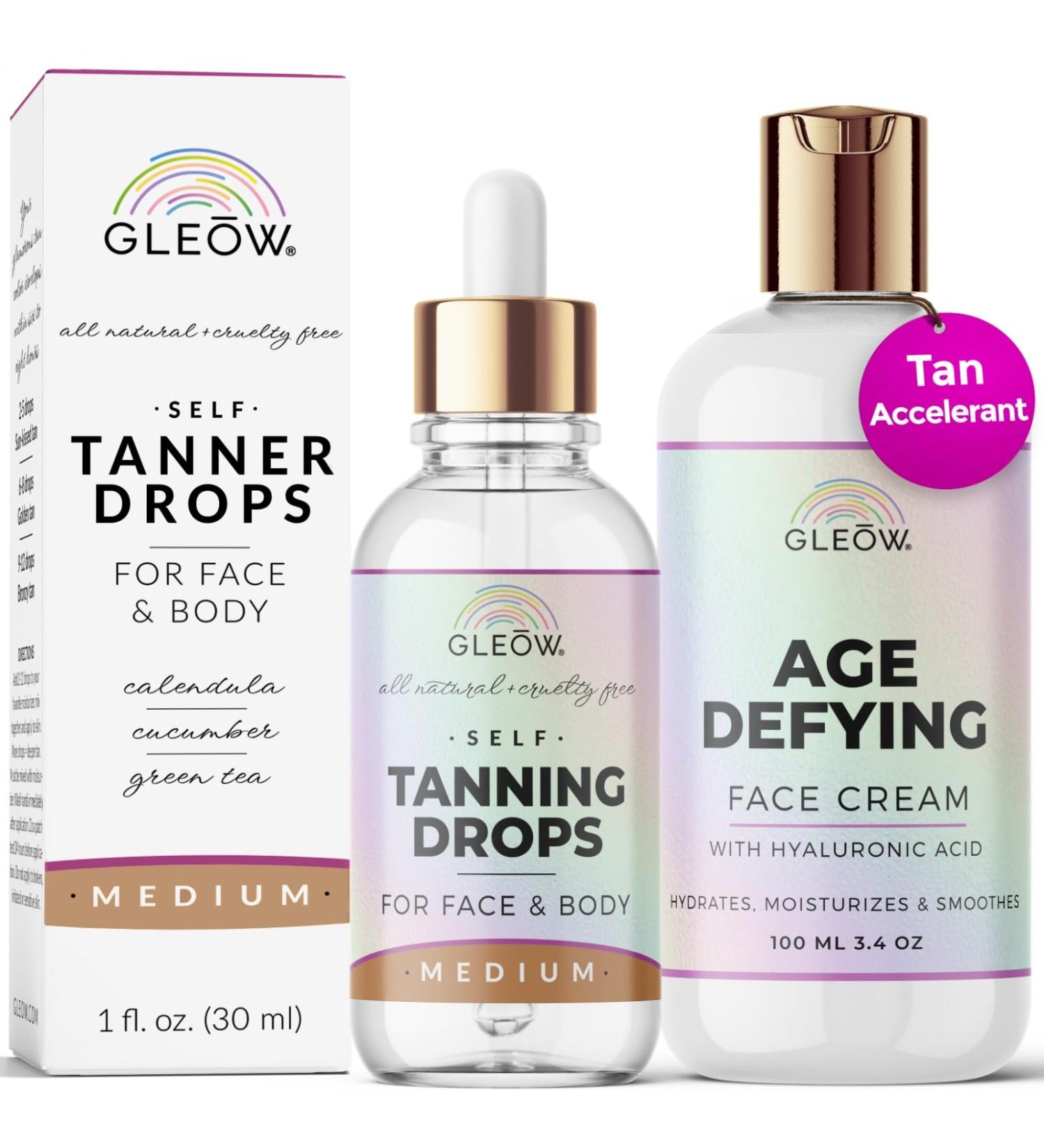 Face Tanning Drops & Revitalizing Cream - Hydrating Self Tanner for Face & Body | Age-Defying Bronzing Drops 1oz + 3.4oz - Buy Online on SooperMarket.com