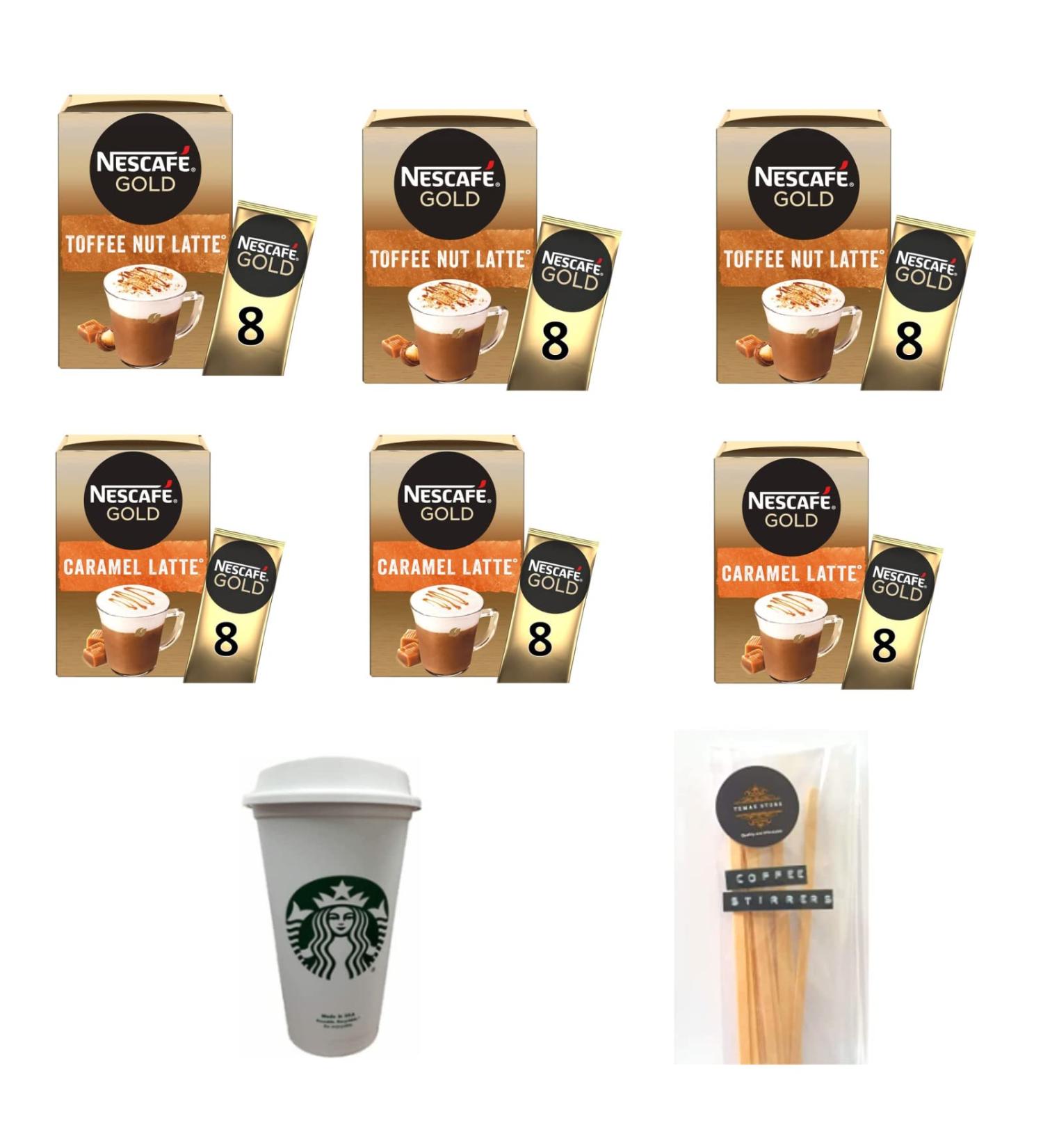 Nescafe Gold Instant Coffee Sachets Mix Contains 24 Sachets Each of Toffee Nut Latte and Caramel Latte Flavours Bundled With 48 x Temas Store Coffee Stirrers & A Reusable Coffee Cup| Coffee Gift Set - Buy Online on SooperMarket.com