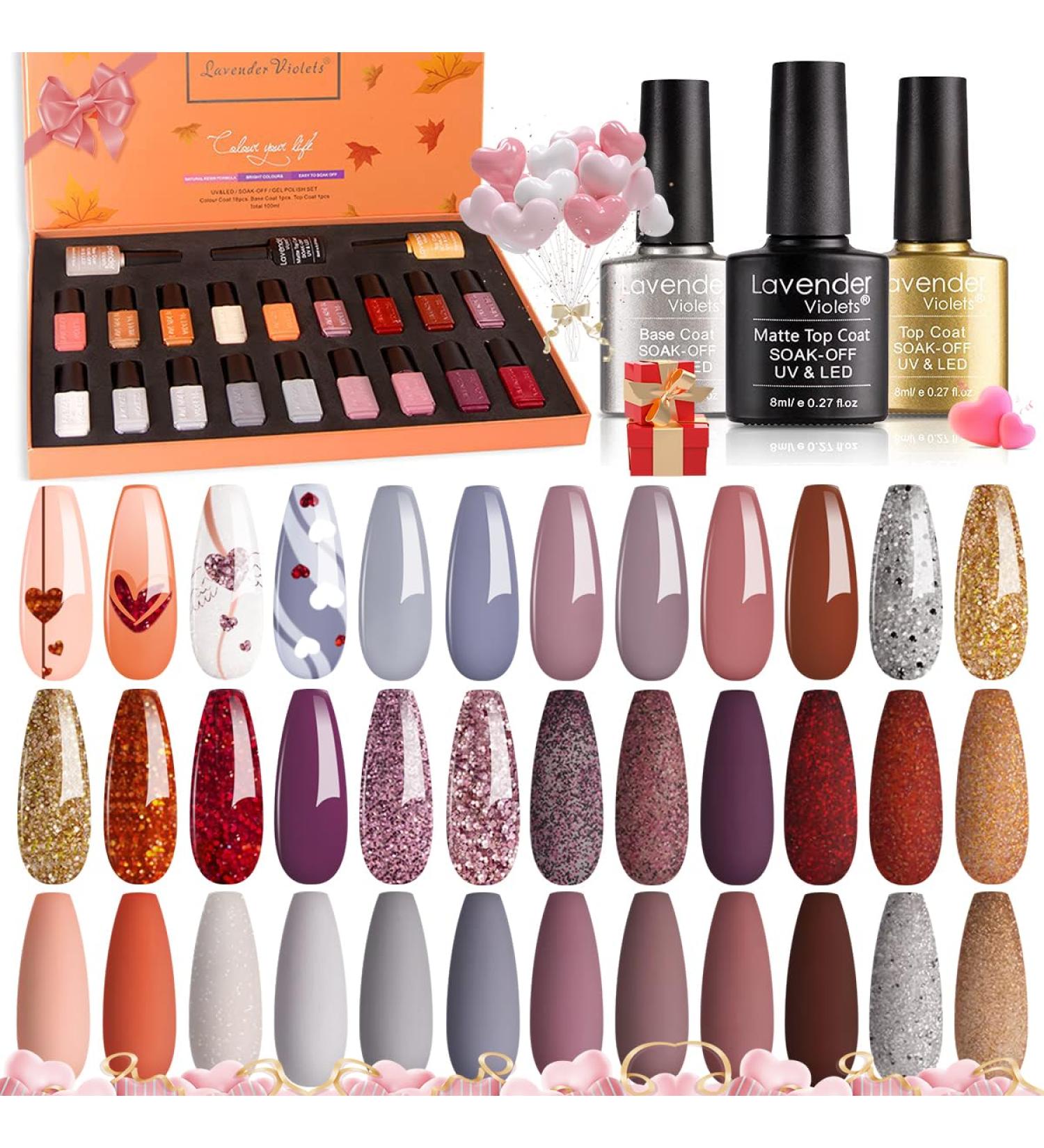 Lavender Violets Gel Nail Polish 21 Pcs New Year Gift Set Nude Grey Orange Red Glitter Valentine's Day UV LED Varnish Soak Off Shellac Nail Polish Base Glossy n Matte Top Coat Sliver Gold Manicure 987 Birthday Gift-987 - Buy Online on SooperMarket.com