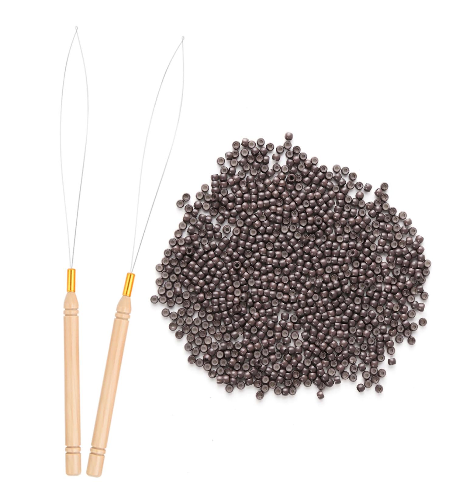 Vlasy Nano Beads 3.0mm 200PCS with Hair Extension Loop Needle Threaders Set - Brown | Silicone Lined Nano Rings for Hair Extensions - Buy Online on SooperMarket.com