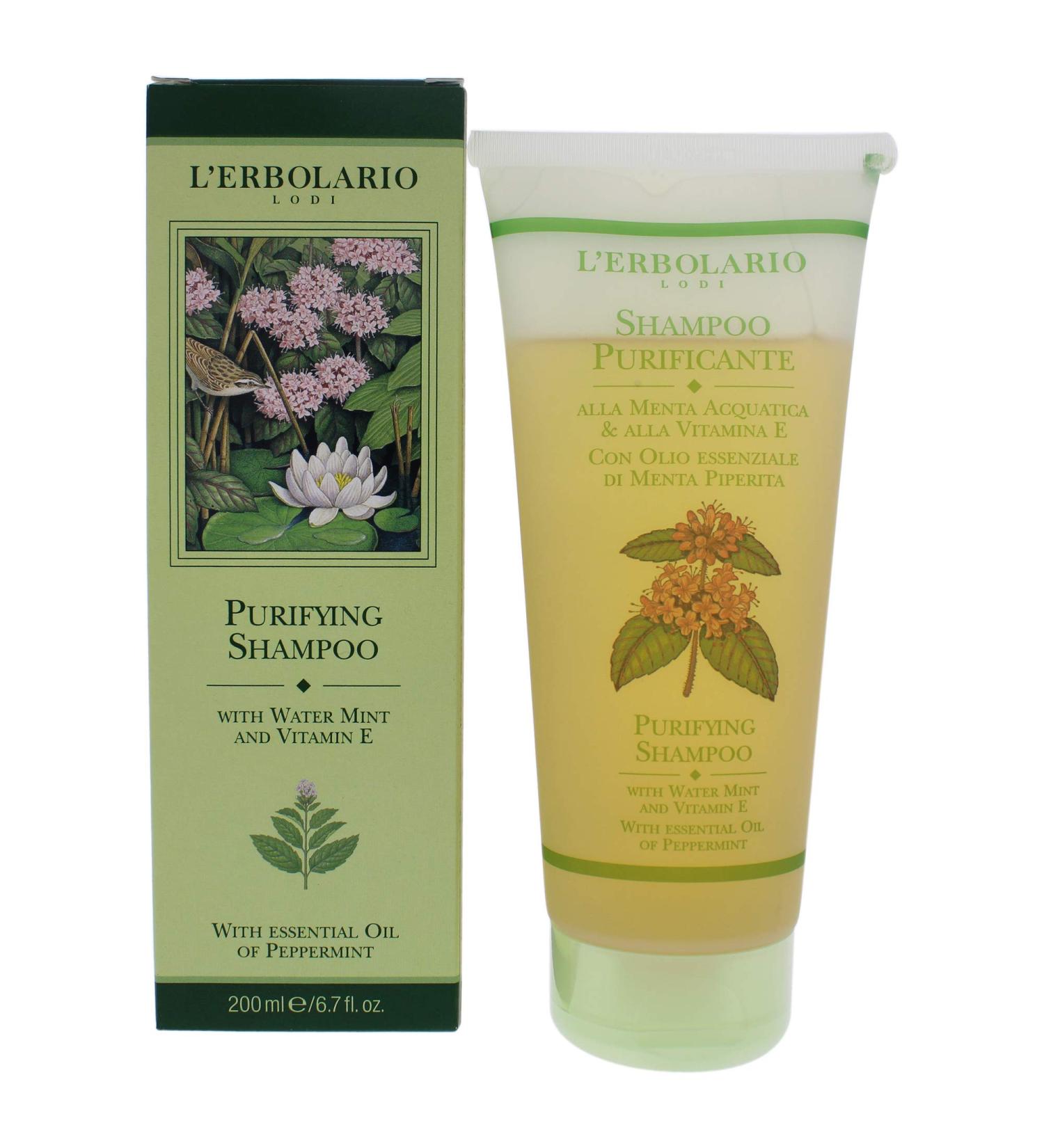 L'Erbolario Purifying Shampoo - Deep Cleanser For All Hair Types - With Water Mint And Vitamin E - Blended With Essential Oil Of Peppermint - Deodorizing Shampoo To Keep Odors At Bay - 6.7 Oz