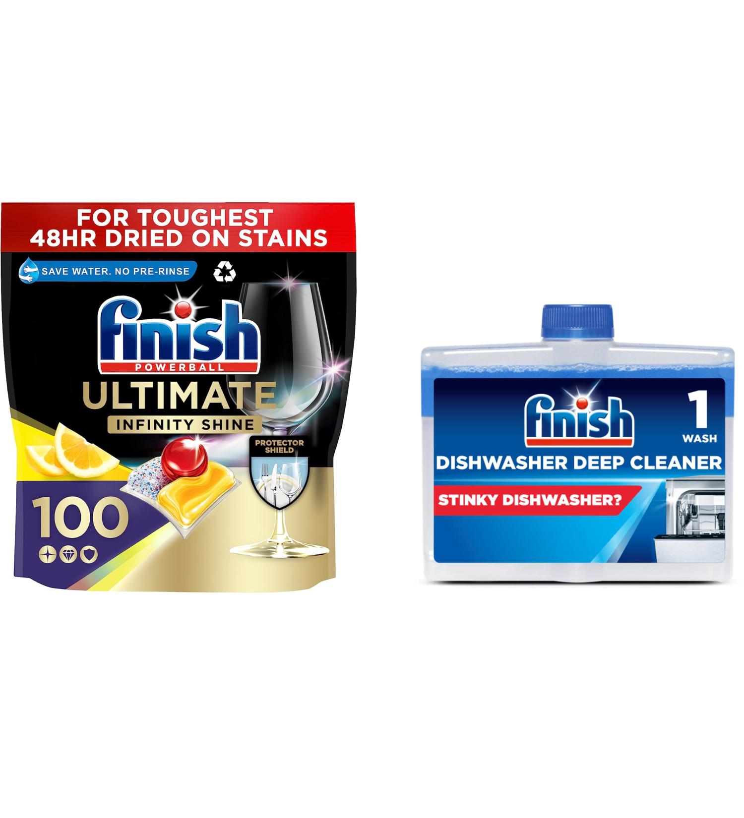 Bundle of Finish Ultimate Infinity Shine Dishwasher Tablets Bulk Scent : Lemon Size : 100 Dishwasher tabs + Finish Dishwasher Cleaner Twin Pack Original Pack of 2 2 x 250 ml - Buy Online on SooperMarket.com